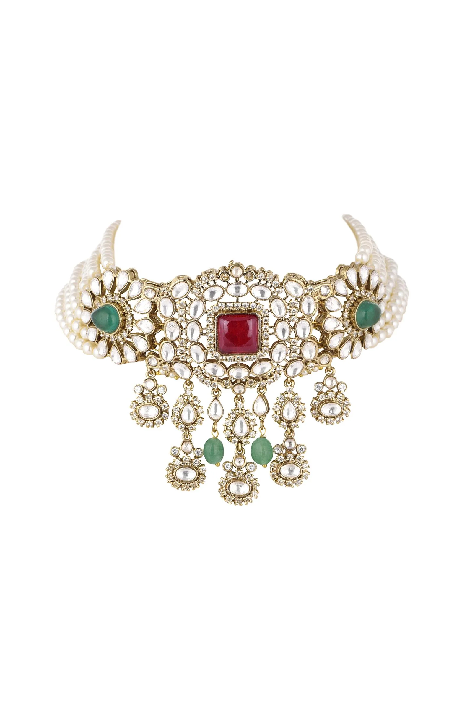 Gold Finish Kundan Choker Set With Synthetic Ruby And Emerald Stones - Image 5