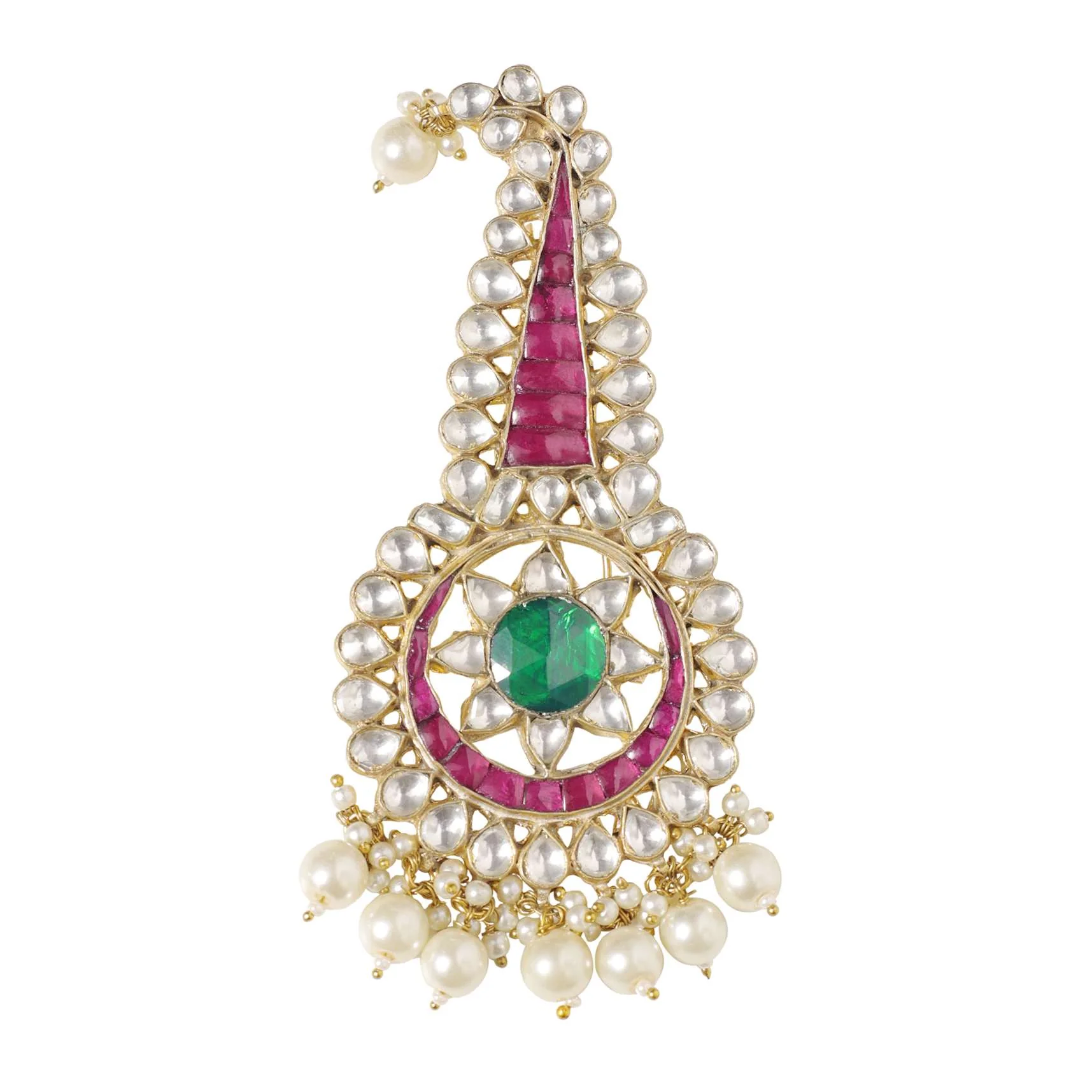 Gold Finish Kundan Kalgi In Mix Metal With Emerald Green Stone - Image 2