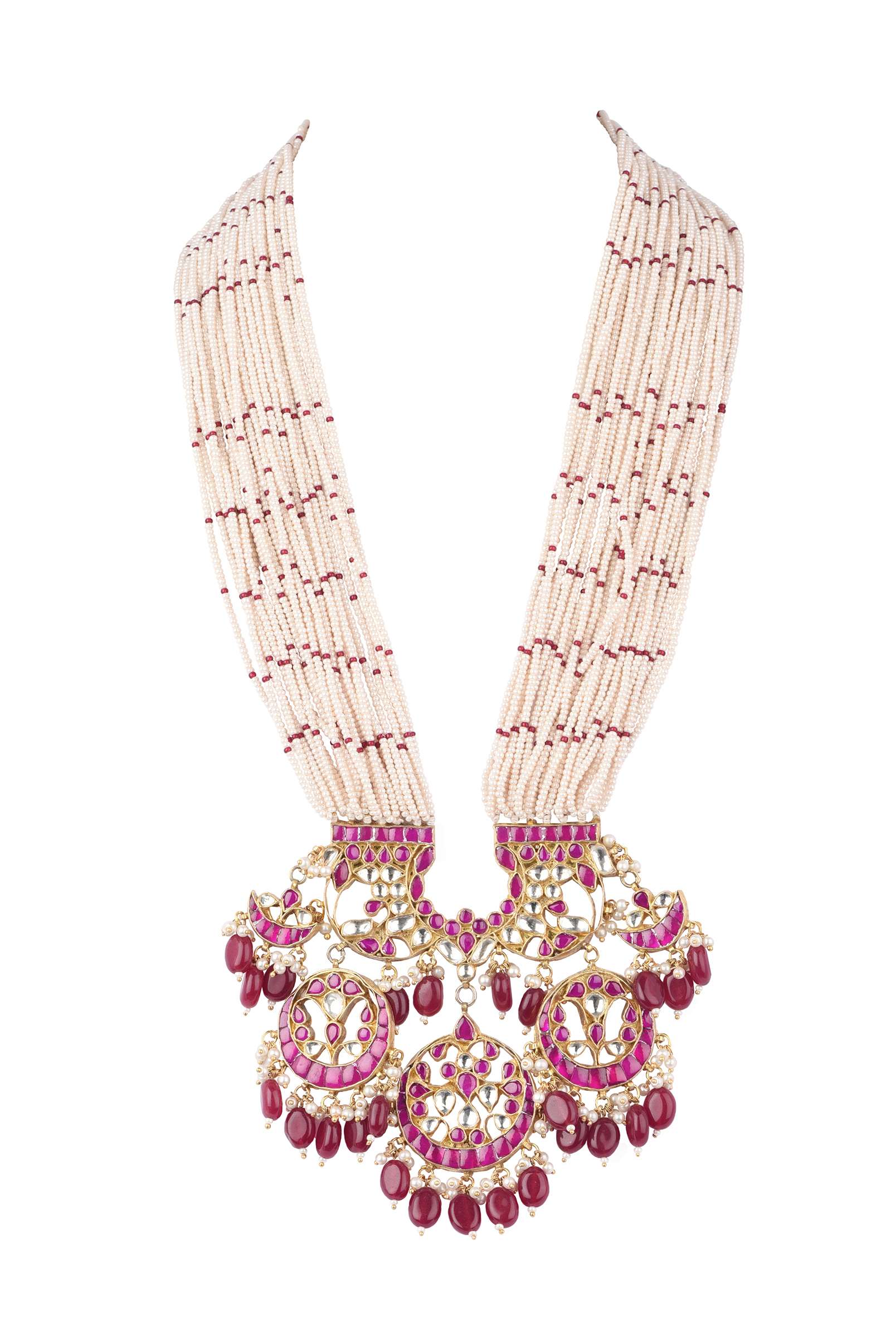 Gold Finish Kundan Necklace And Earring Set With Pearls - Image 5