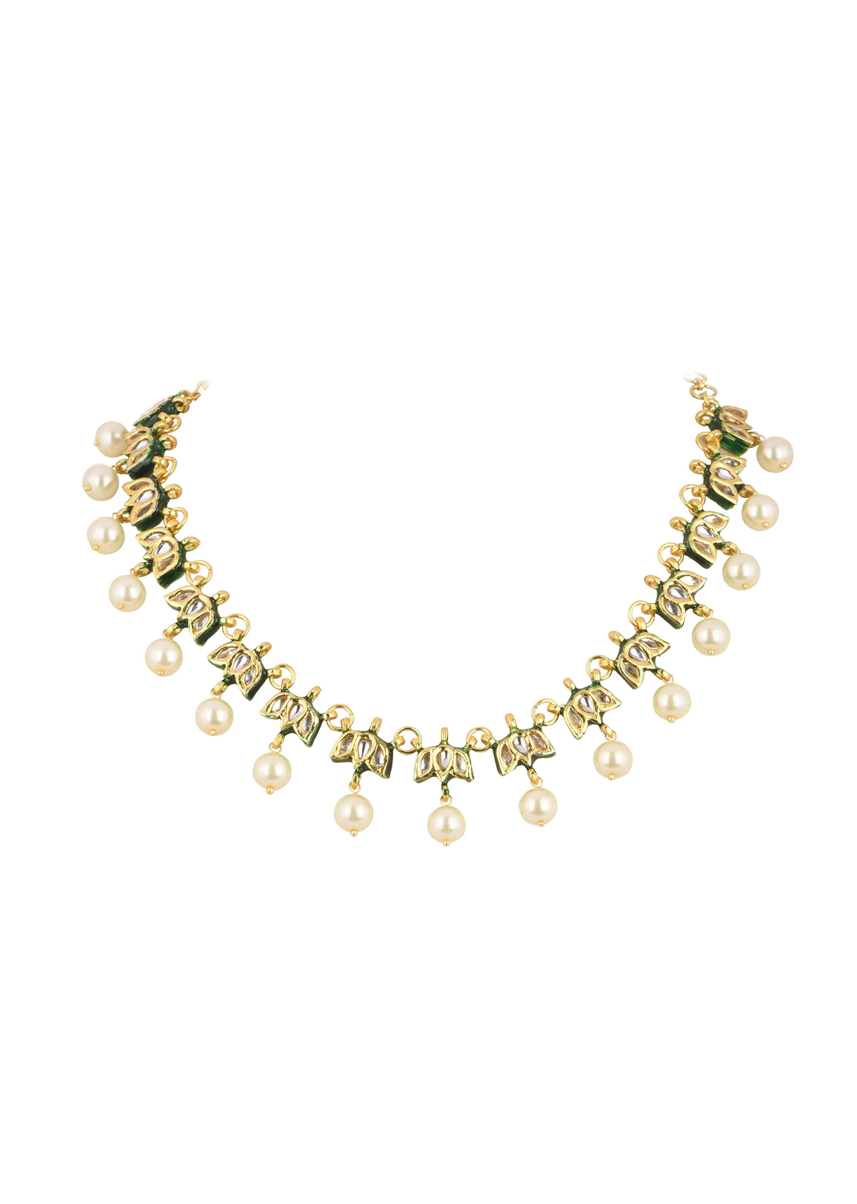 Gold Finish Kundan Necklace With Pearls - Image 2