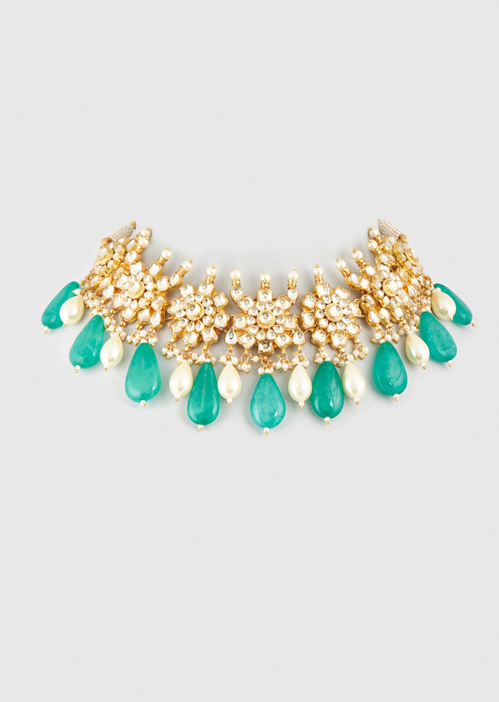 Gold Finish Kundan Polki And Green Beaded Choker Necklace Set - Image 2