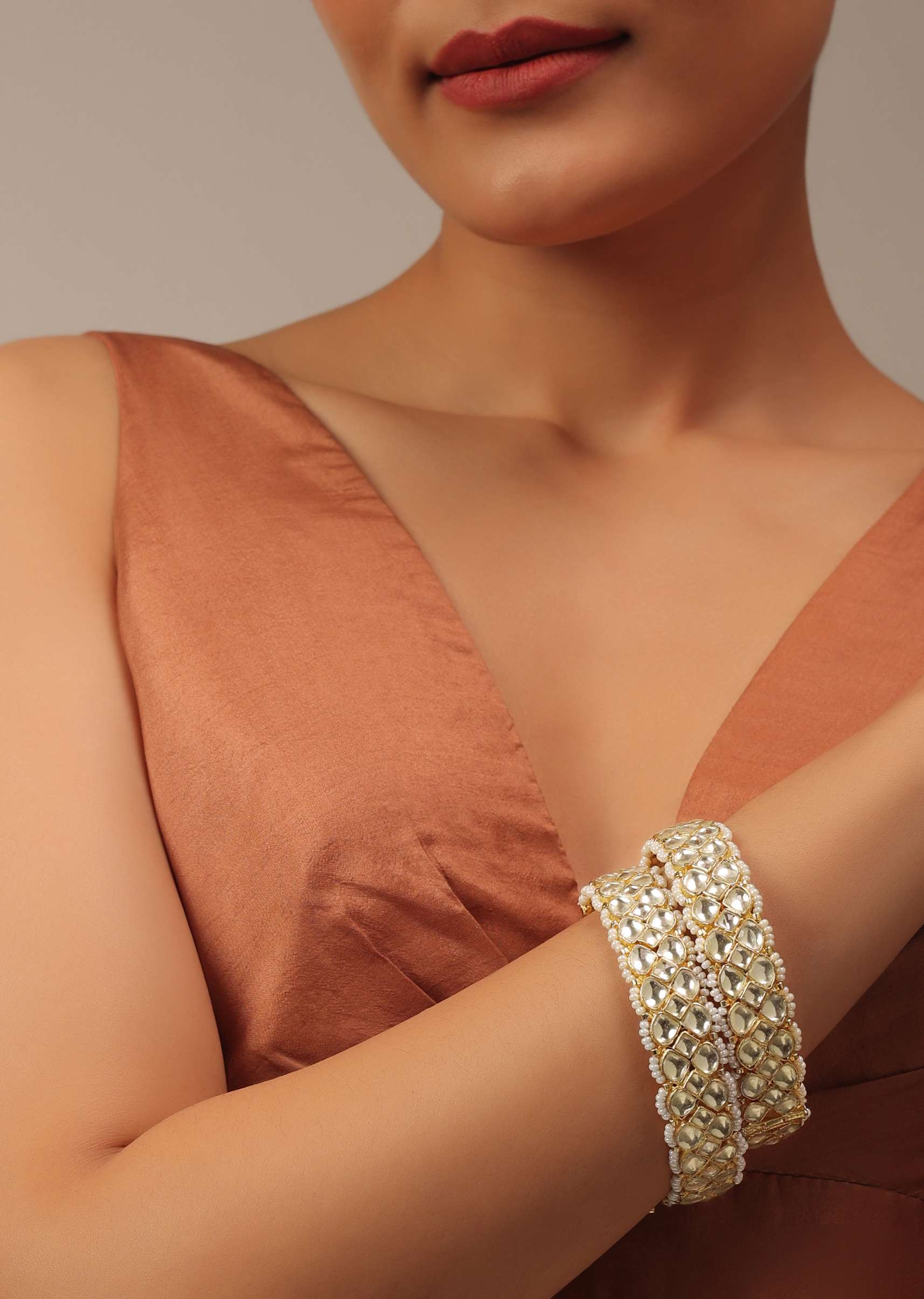 Gold Finish Kundan Polki Bangles With Pearls