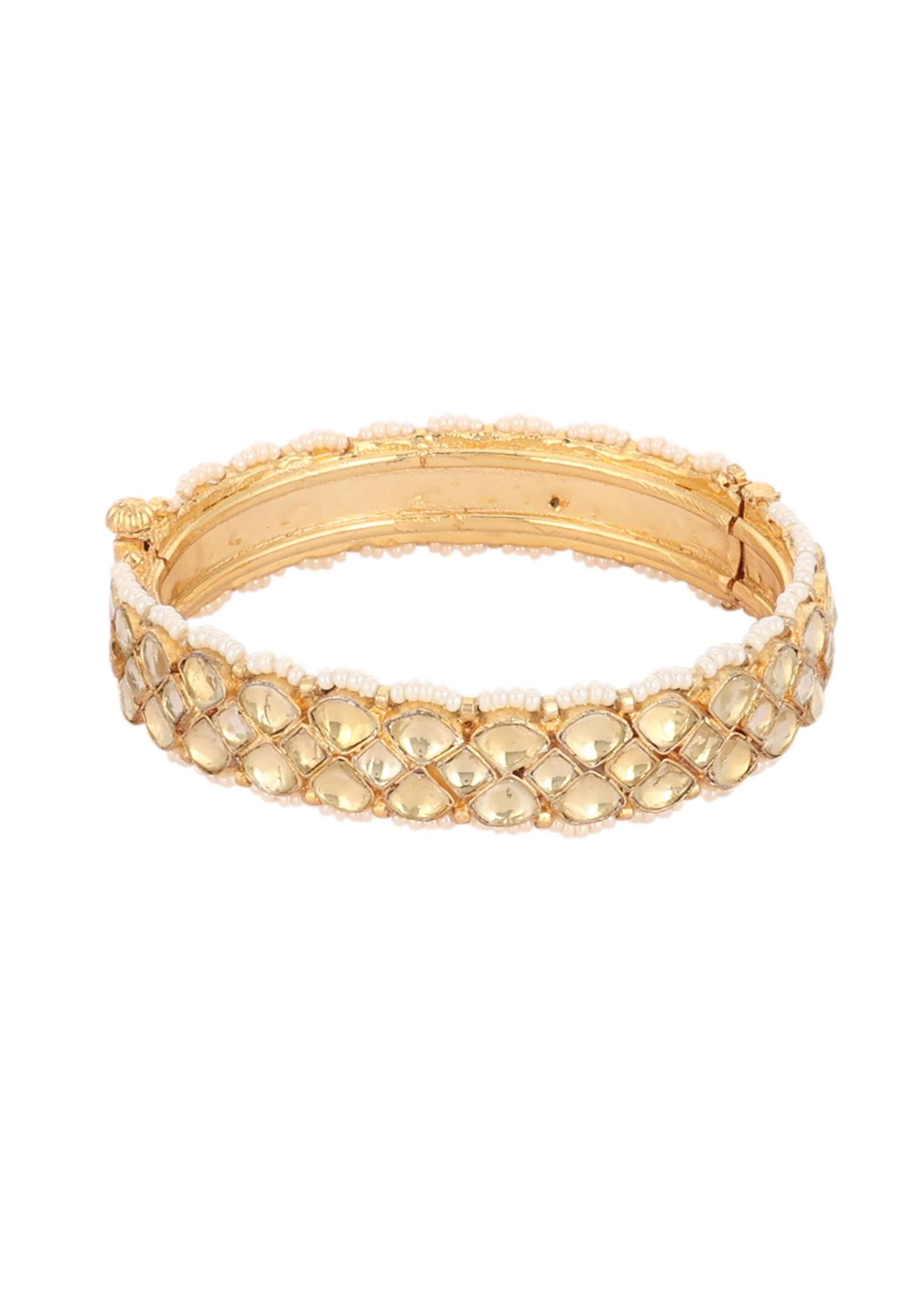 Gold Finish Kundan Polki Bangles With Pearls - Image 3