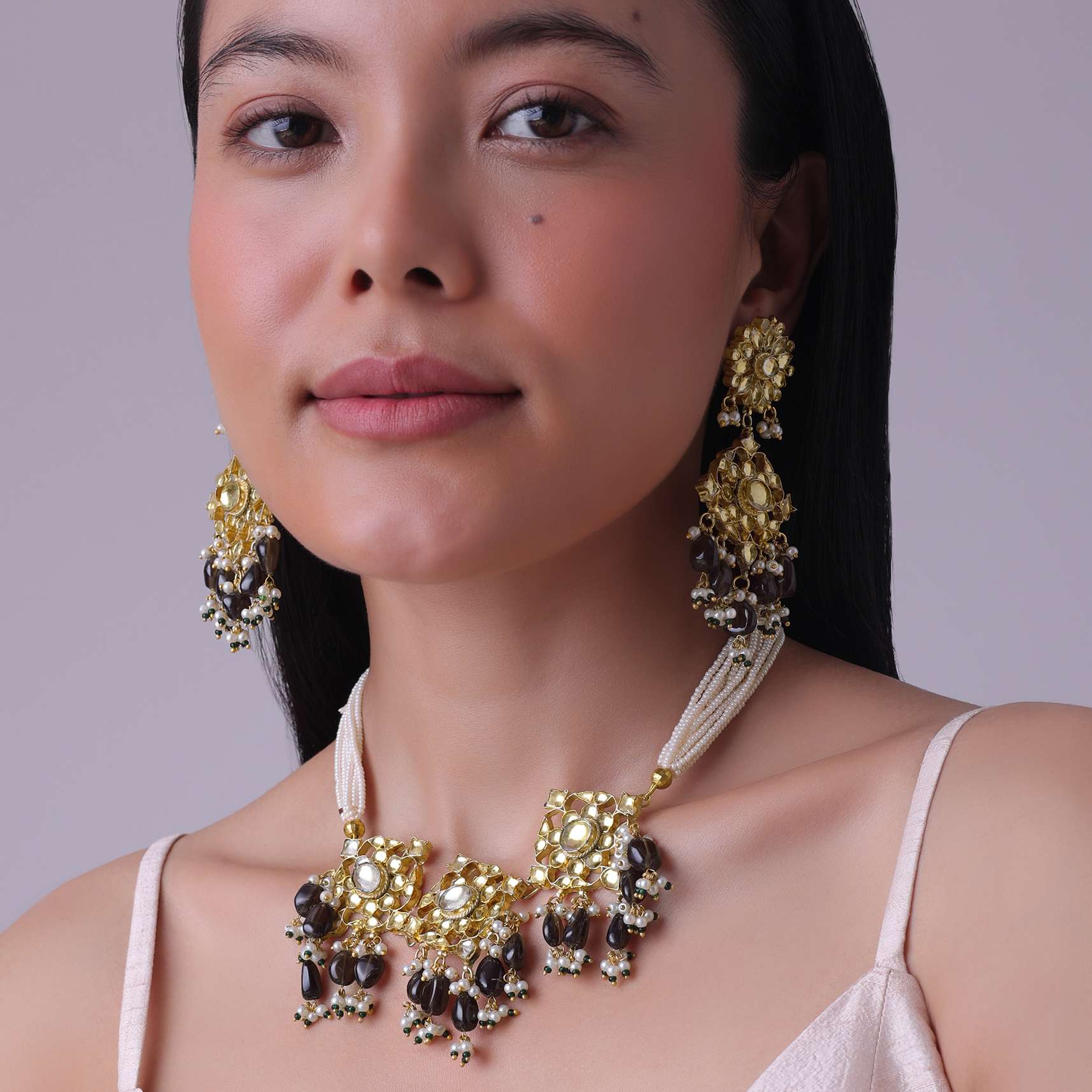 Gold Finish Kundan Polki Black Necklace Set With Beads, Stones, And Pearls - Image 2