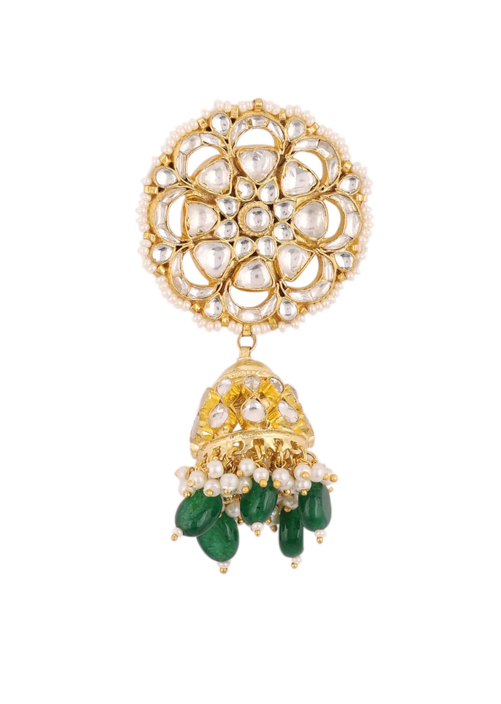 Gold Finish Kundan Polki Choker Set With Green Drops - Image 9