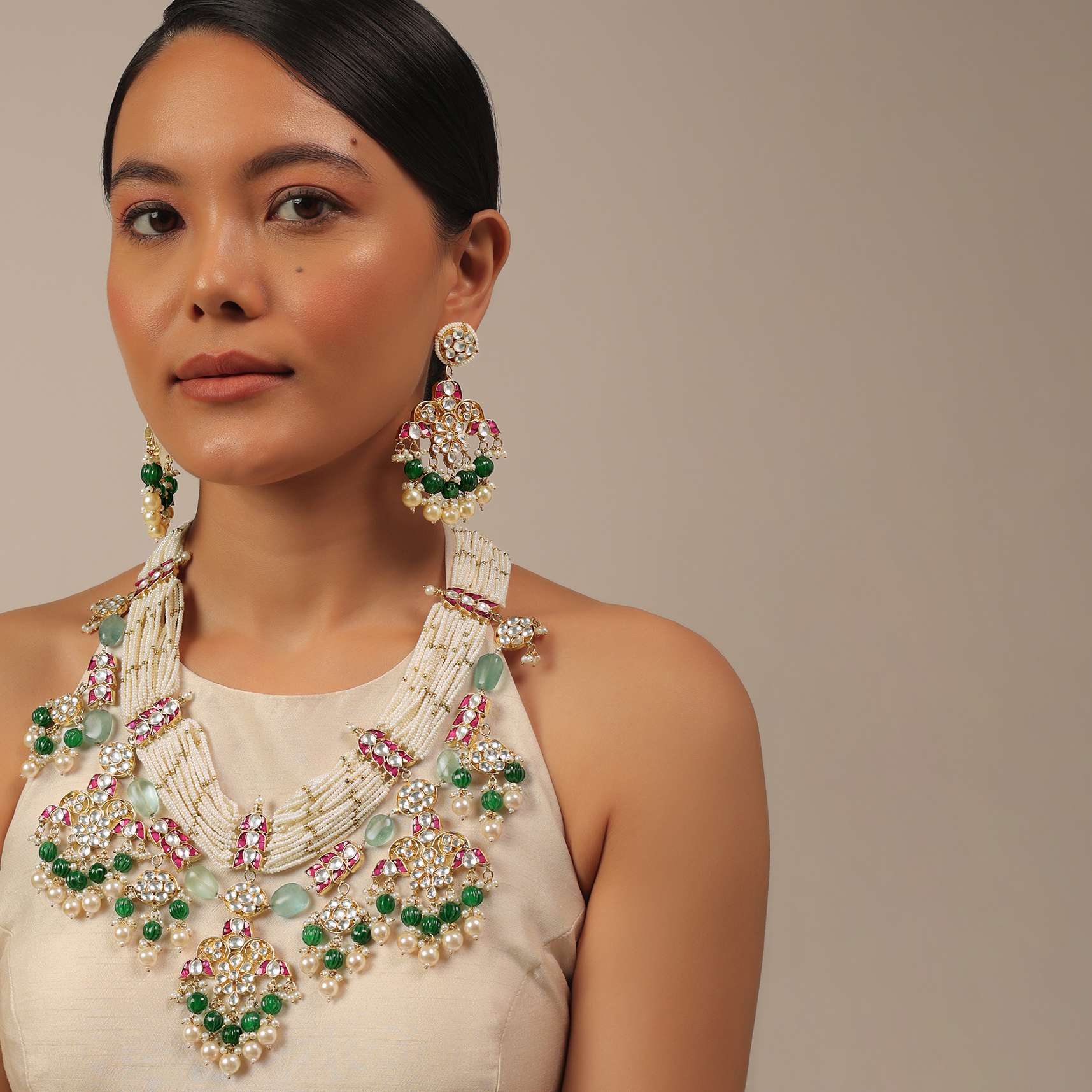 Gold Finish Kundan Polki Multicolor Choker Set With Pearls And Green Beads - Image 2