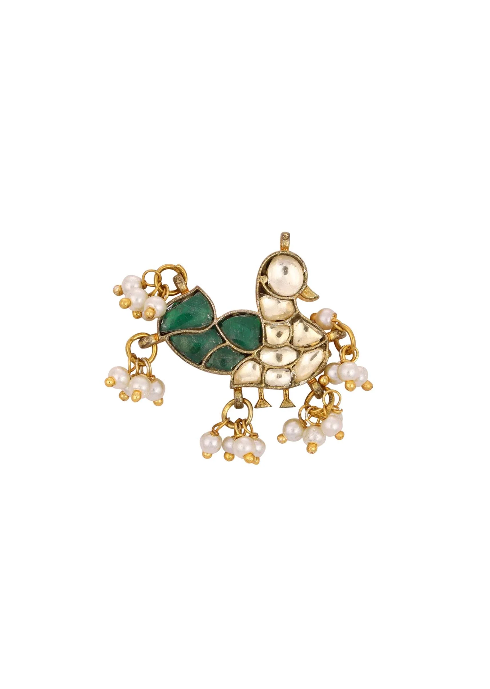Gold Finish Kundan Polki Stud Earrings With Synthetic Emerald Stones With Beads - Image 3