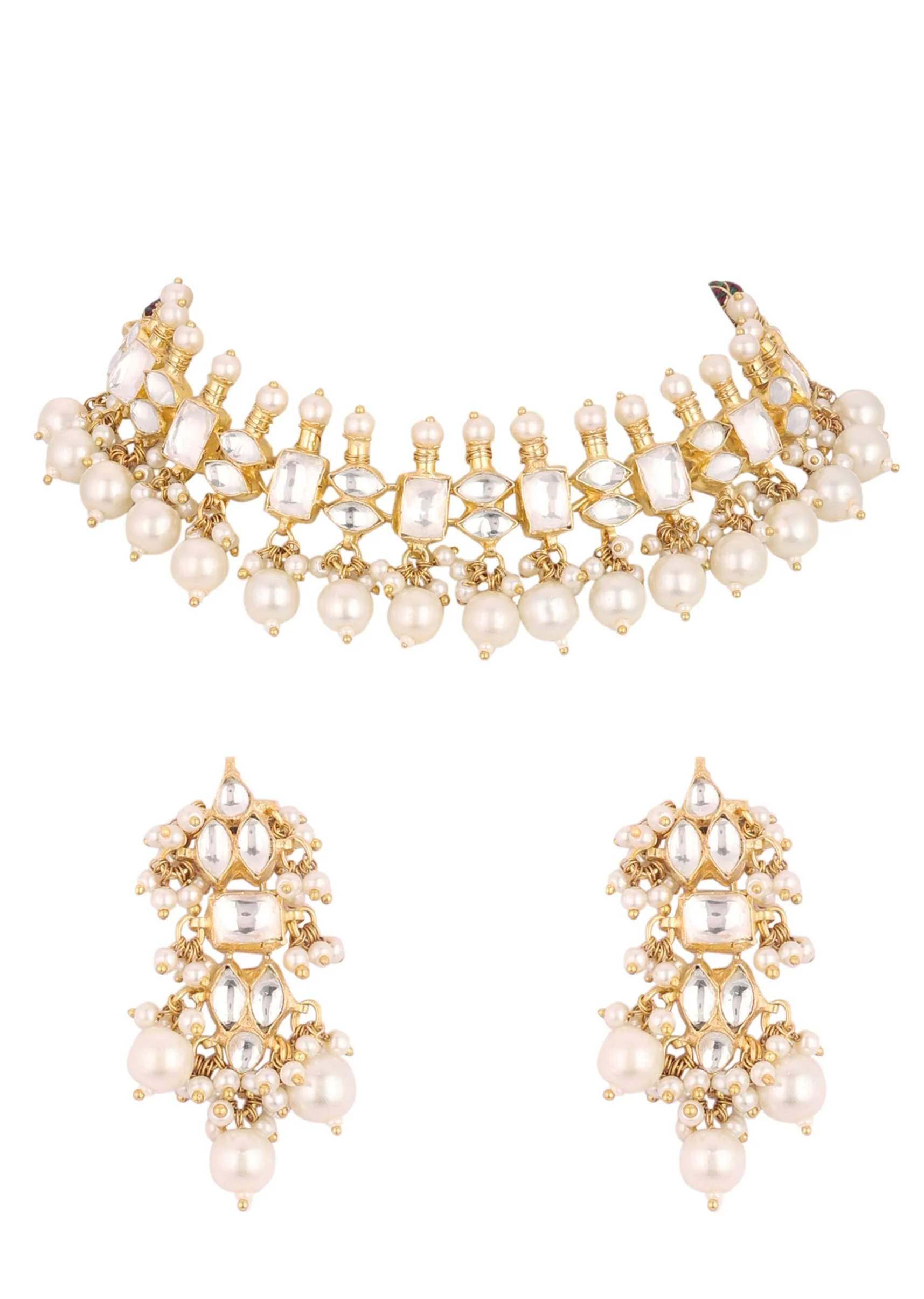 Gold Finish Kundan Polki White Necklace Set With Beads, Stones, And Pearls - Image 6