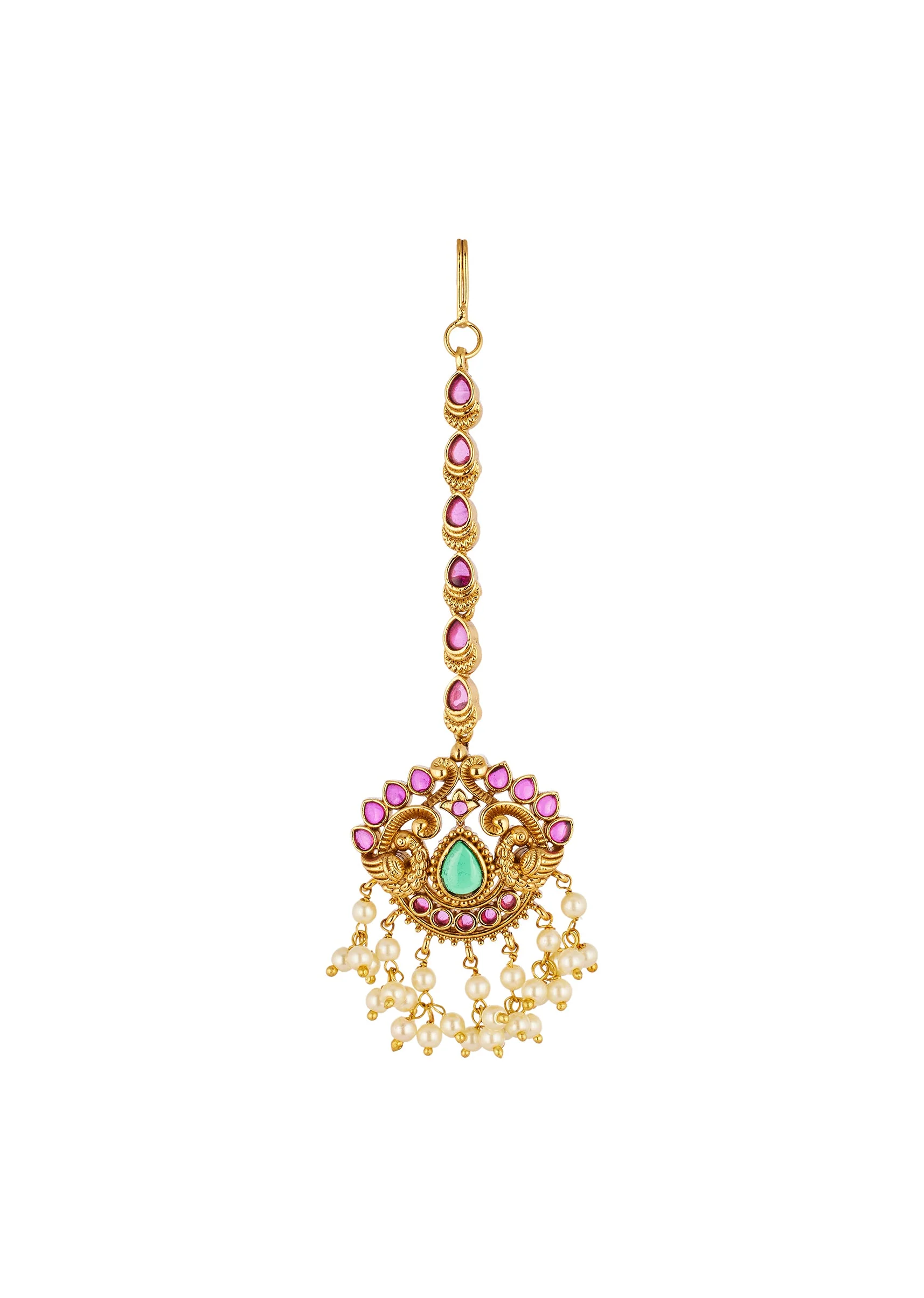 Gold Finish Maangtikka With Temple Style Motifs And Pink and Green Simulated Stones - Image 2