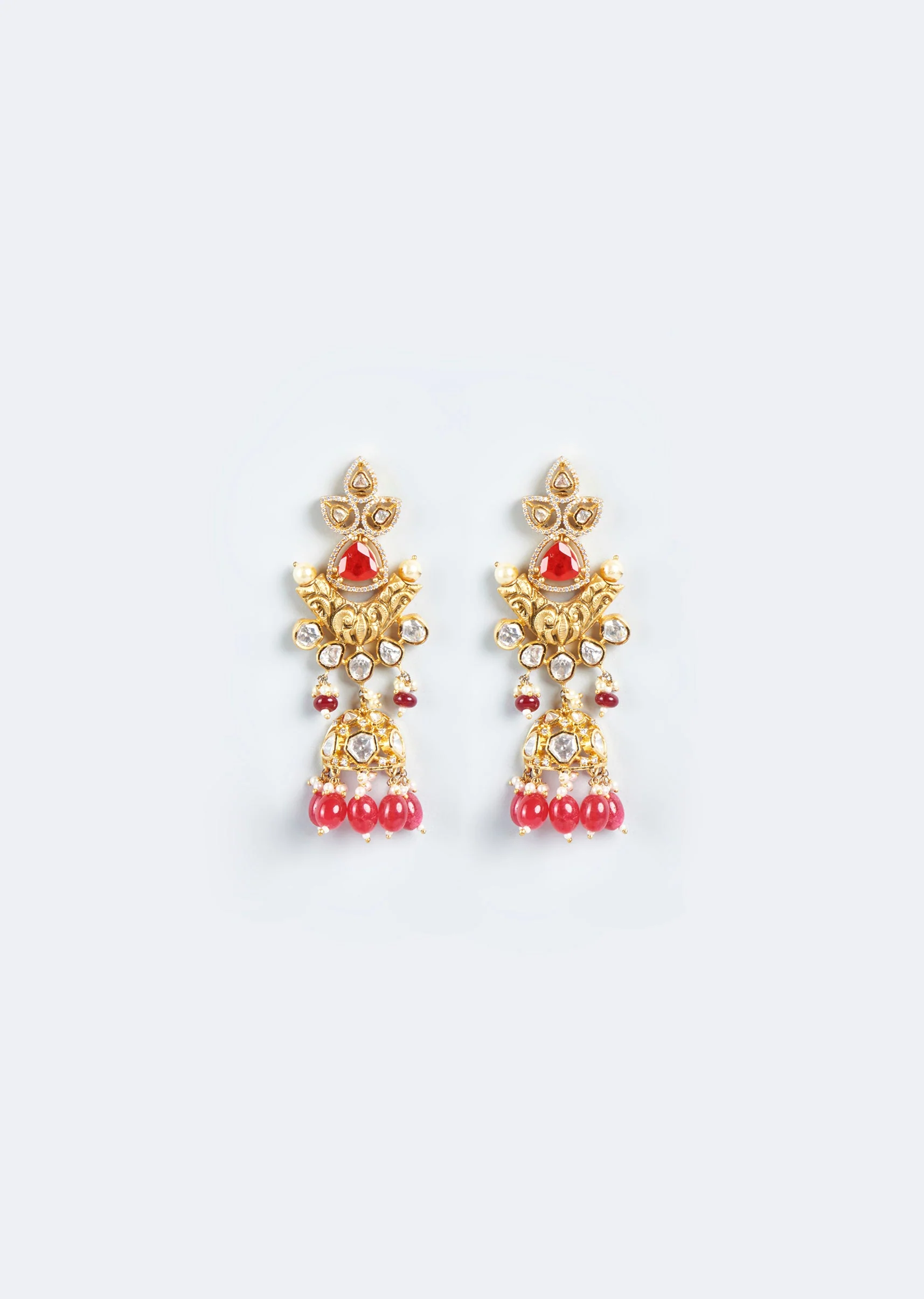 Gold Finish Multicolour Kundan Polki And Red Stone Dangler Earrings