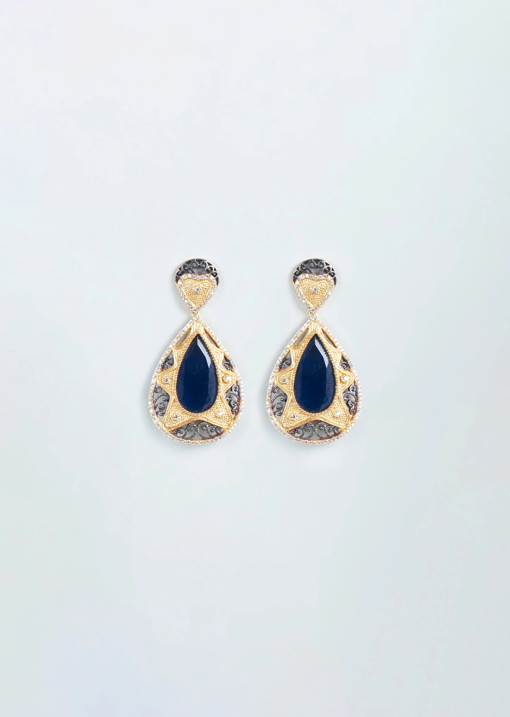 Gold Finish Navy Blue Synthetic Stone Dangler Earrings