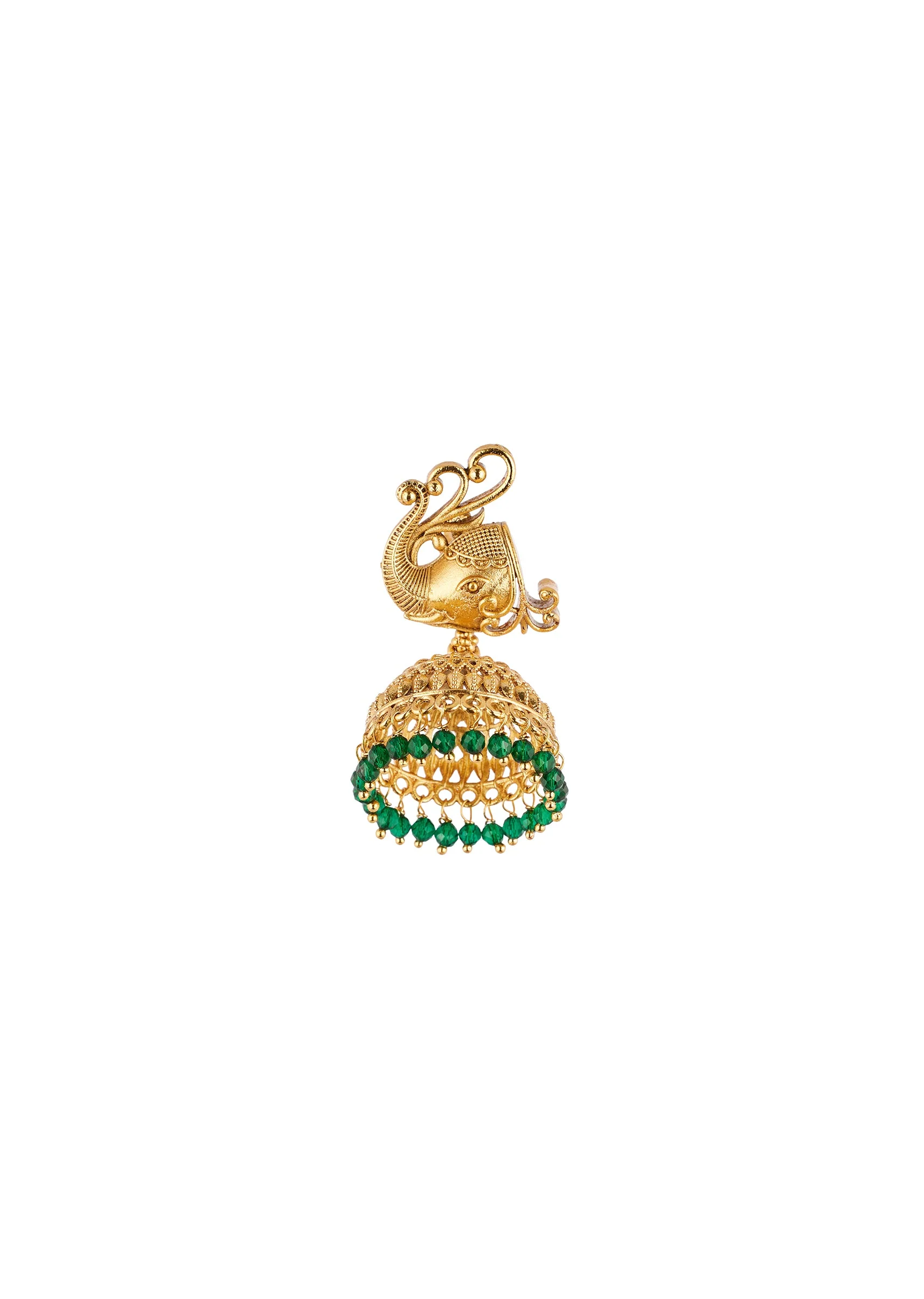 Gold Finish Necklace Set With Traditional Temple Motifs And Green Simulated Stones - Image 4