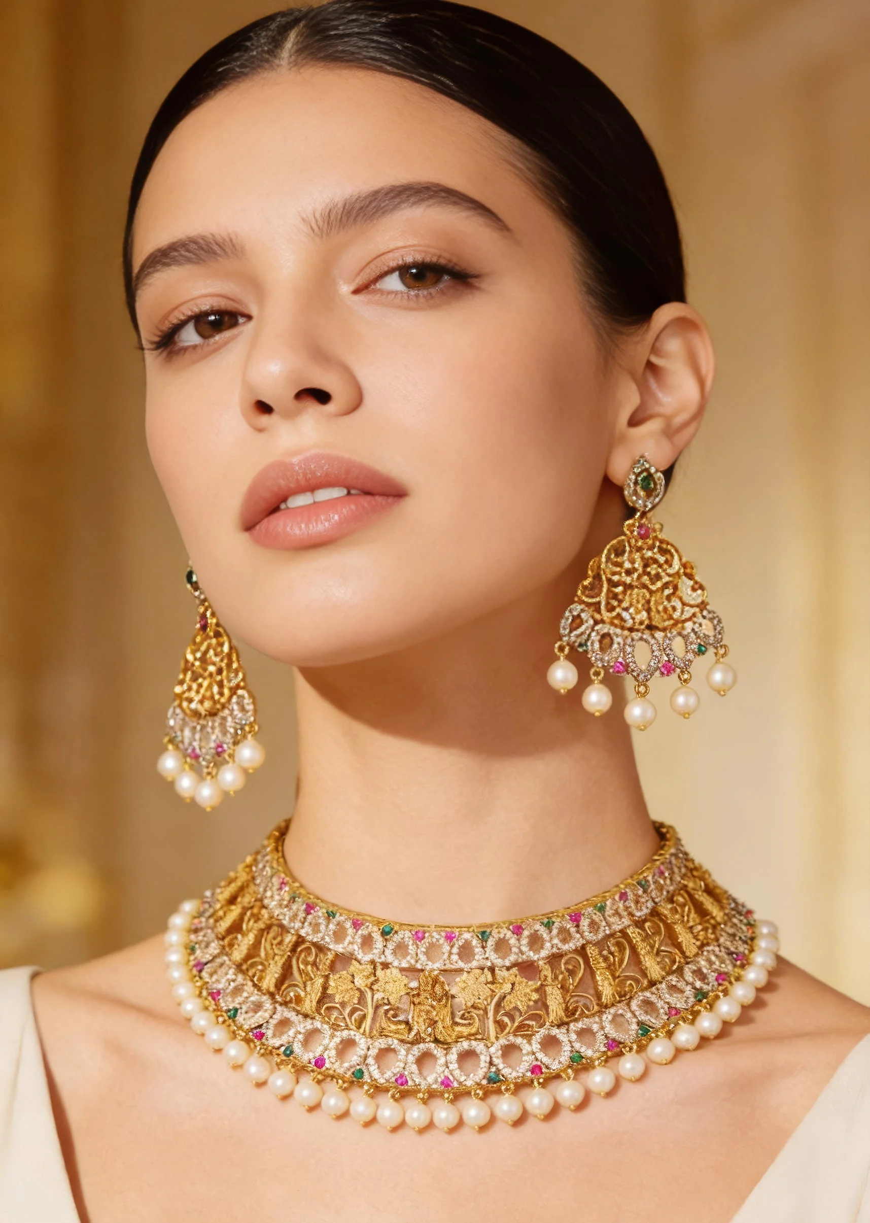 Gold Finish Necklace Set With Traditional Temple Motifs And Pink and Green Simulated Stones With Zirconia Accents