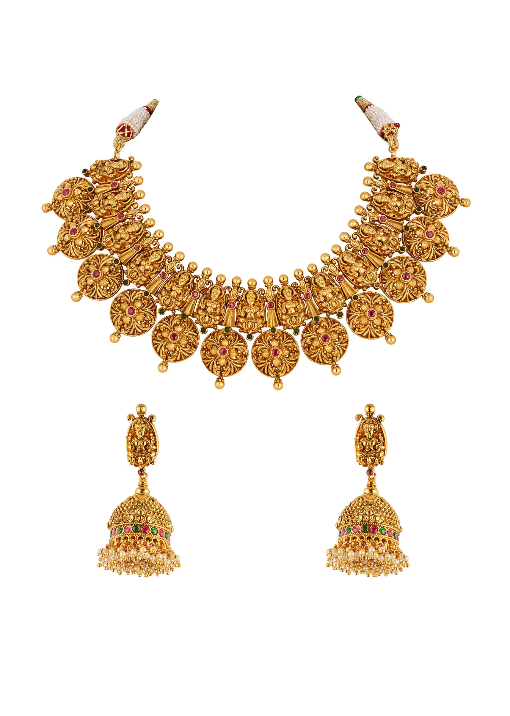 Gold Finish Necklace Set With Traditional Temple Motifs And Pink Green and White Simulated Stones - Image 2