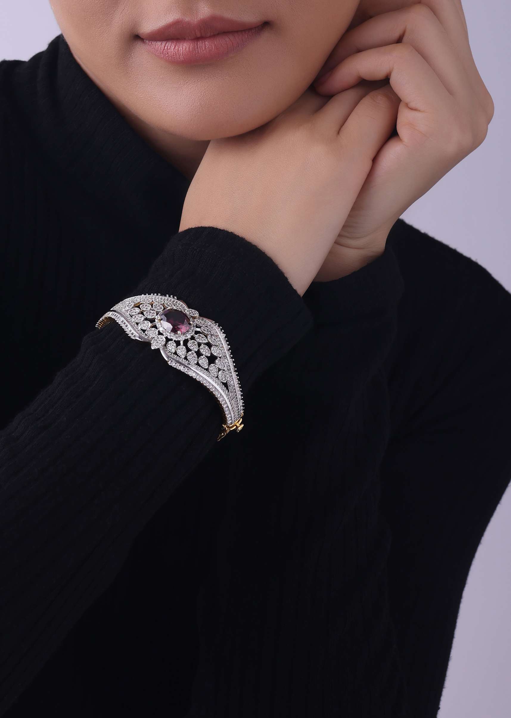 Gold Finish Openable Bangle In Mix Metal With Ruby Stones - Image 3