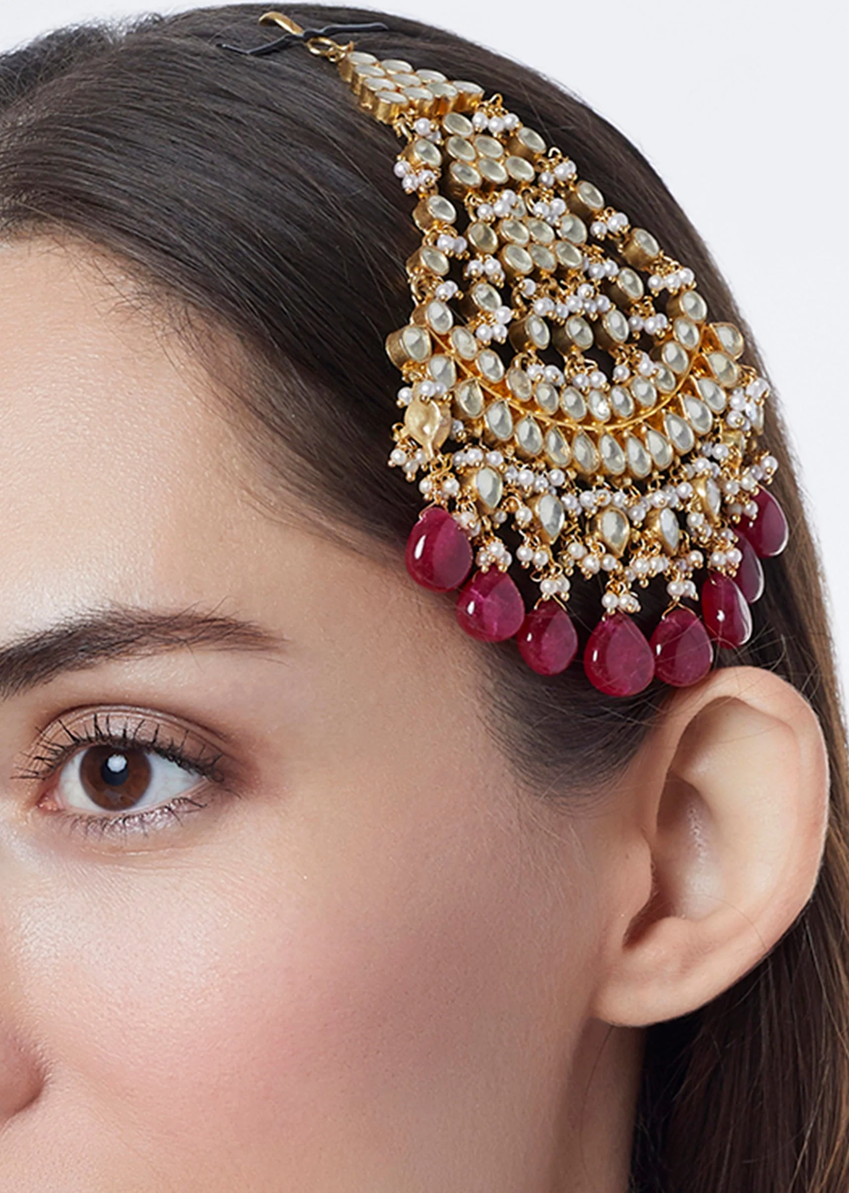 Gold Finish Polki Beaded Maang Tikka