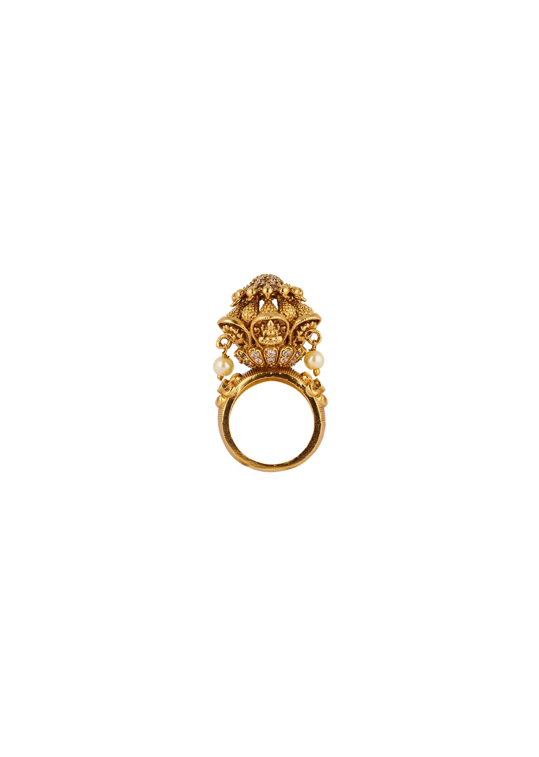 Gold Finish Ring With Temple Style Motifs And Red and White Simulated Stones