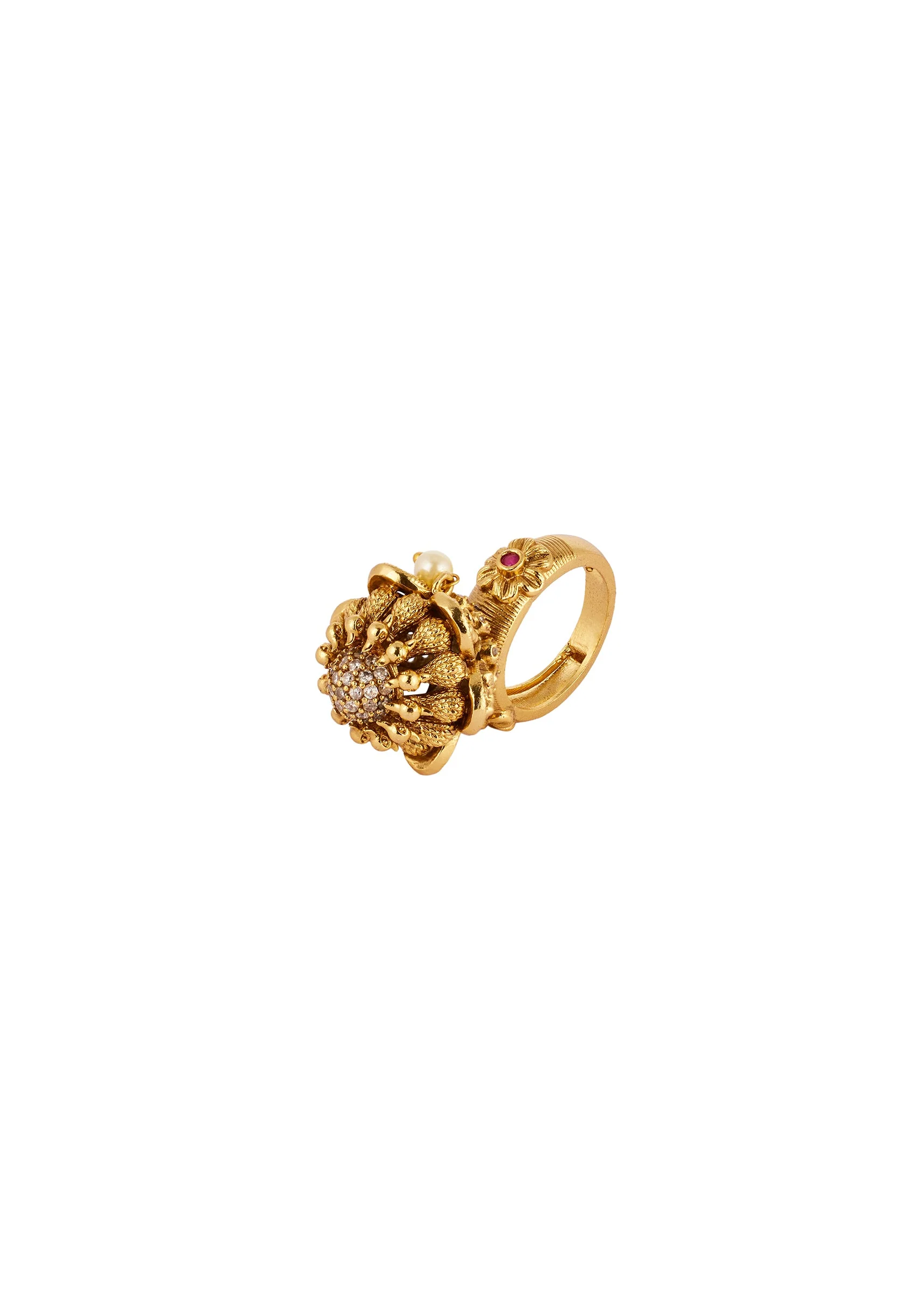 Gold Finish Ring With Temple Style Motifs And Red and White Simulated Stones - Image 2