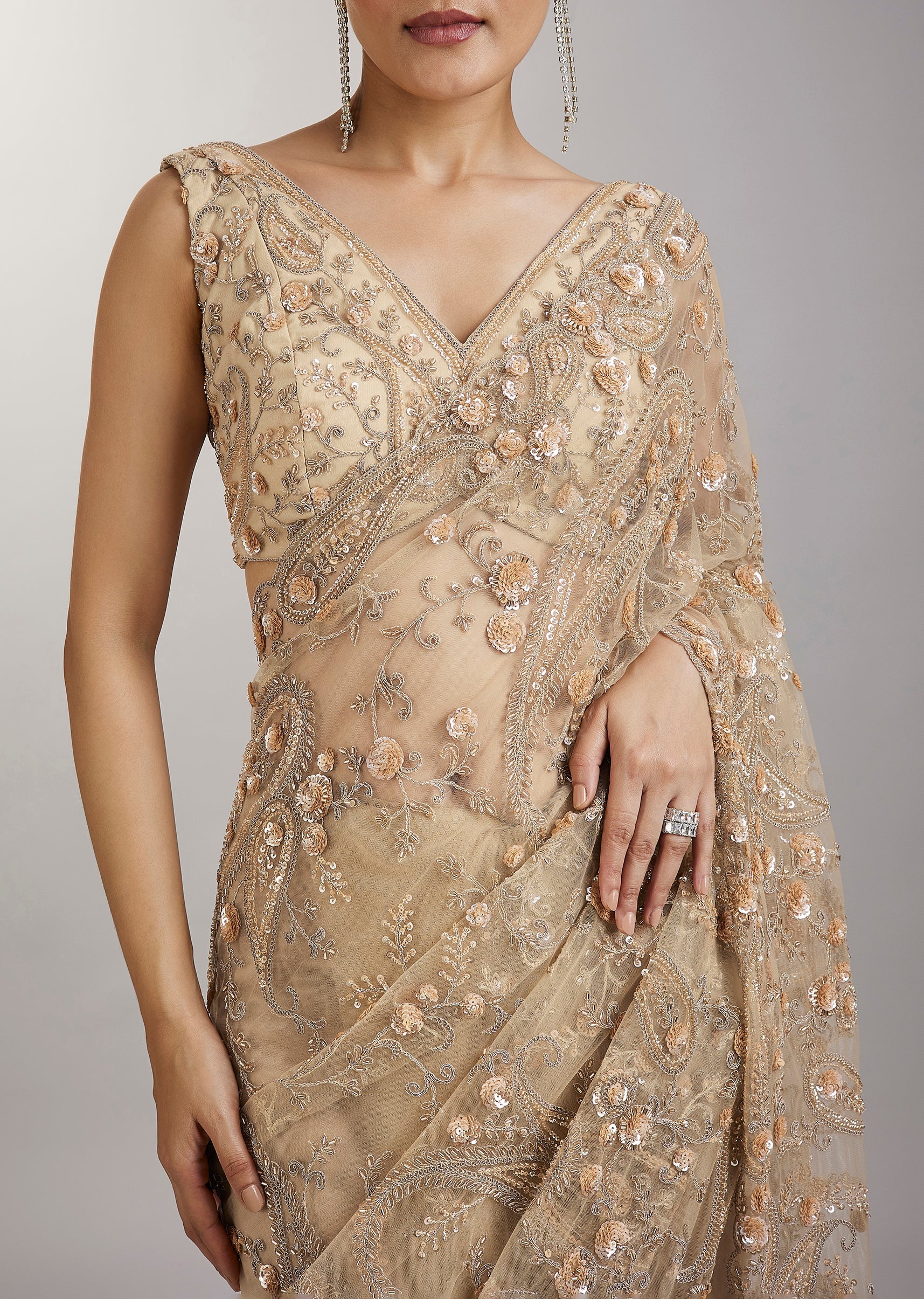 Gold Glowing Embroidered Saree - Image 2