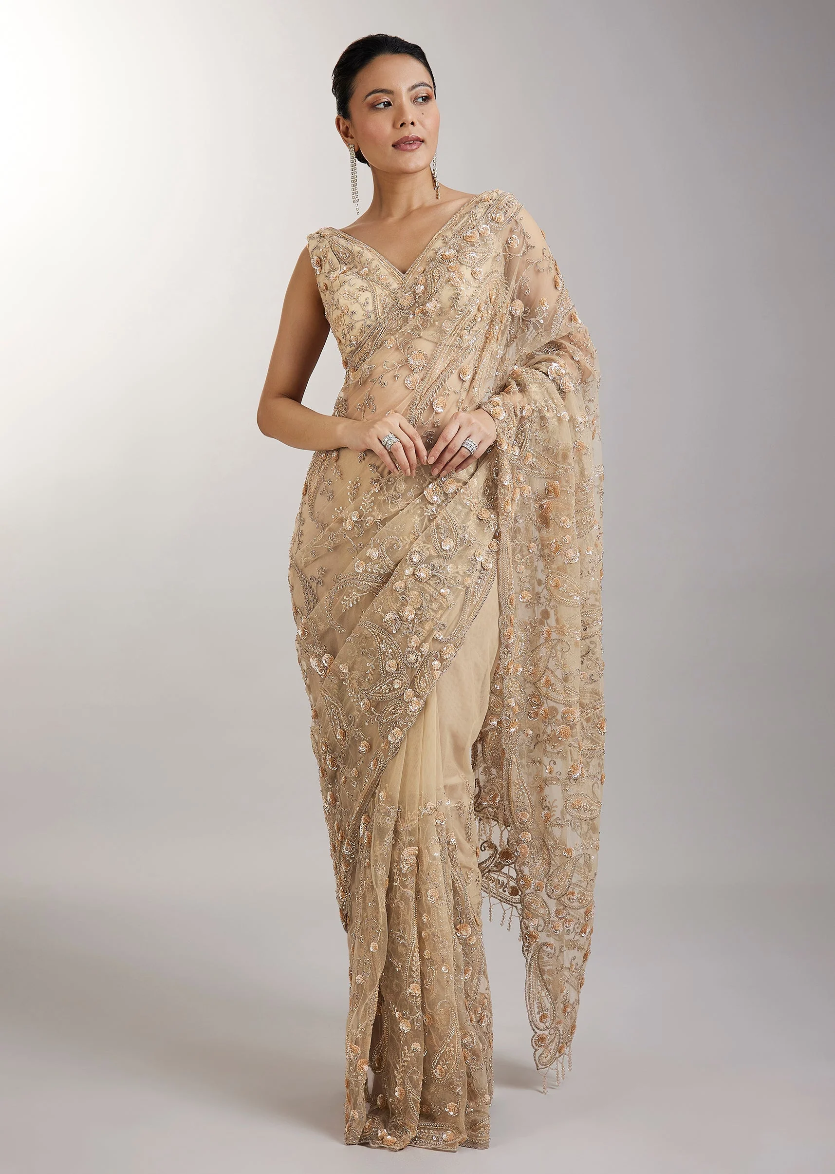 Gold Glowing Embroidered Saree - Image 3