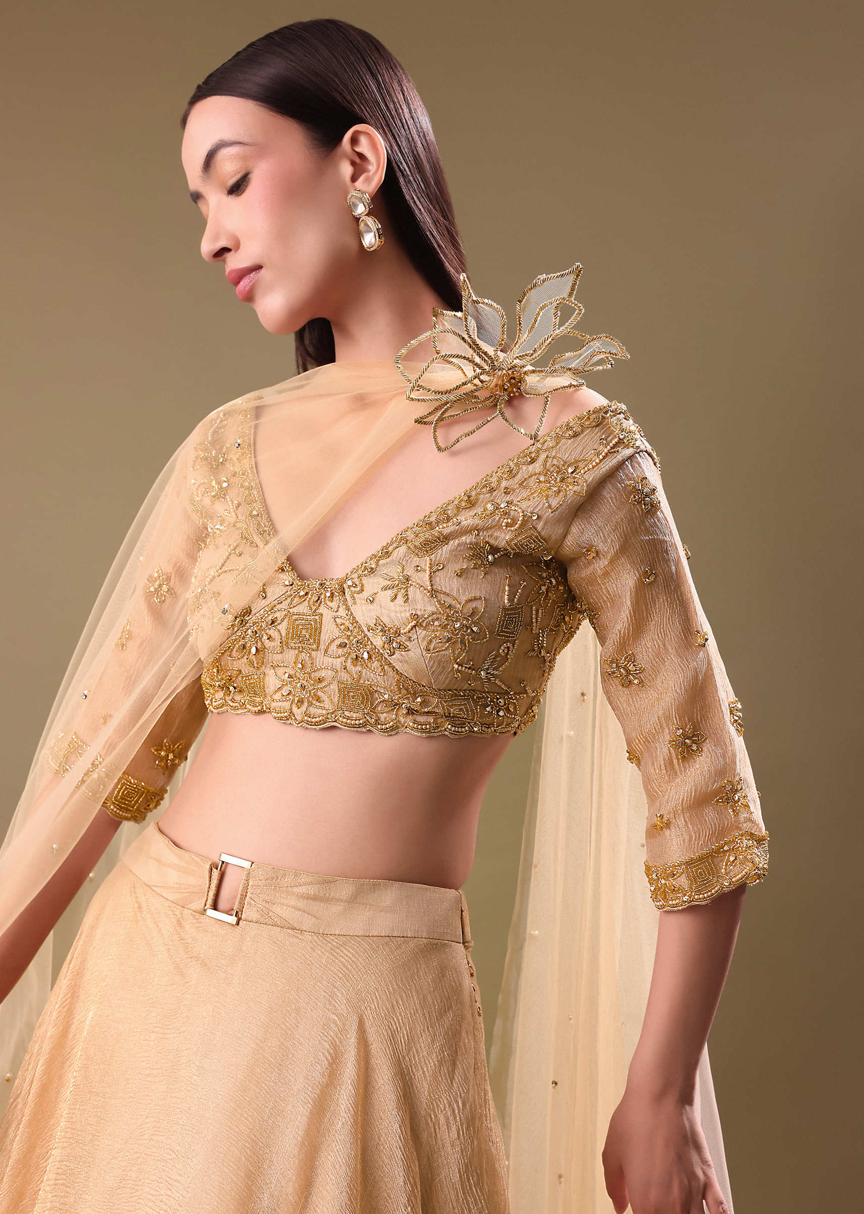 Gold Hand Embroidered Tissue Lehenga And Blouse With Dupatta - Image 4