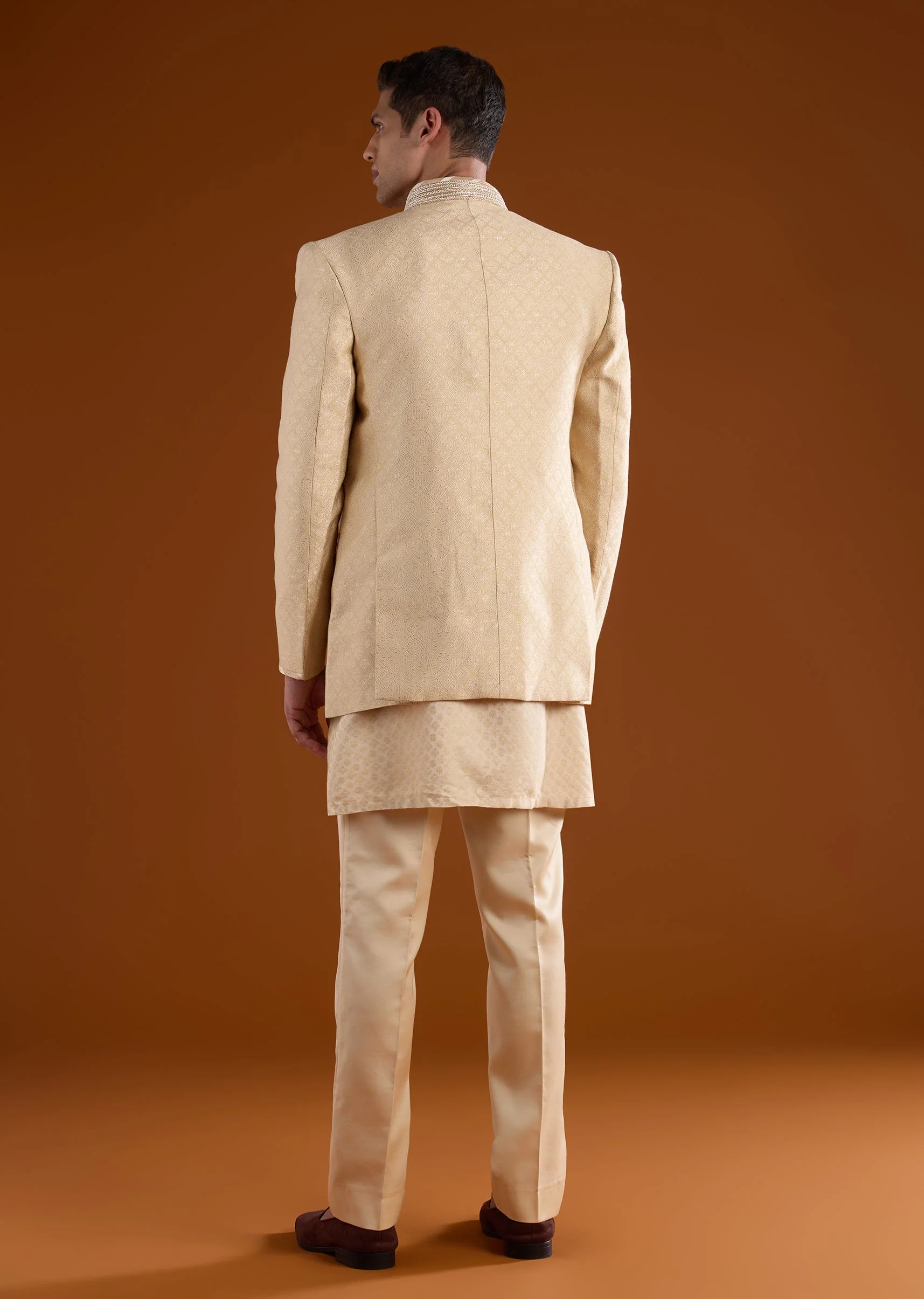 Gold Jacquard Mens Kurta Jacket Set With Thread Moti And Cut Dana Work - Image 5