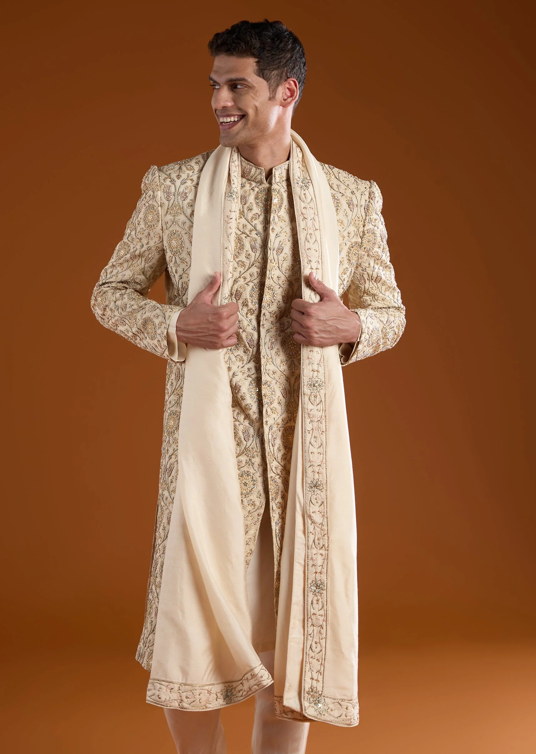 Gold Jacquard Sherwani Kurta Set - Image 2