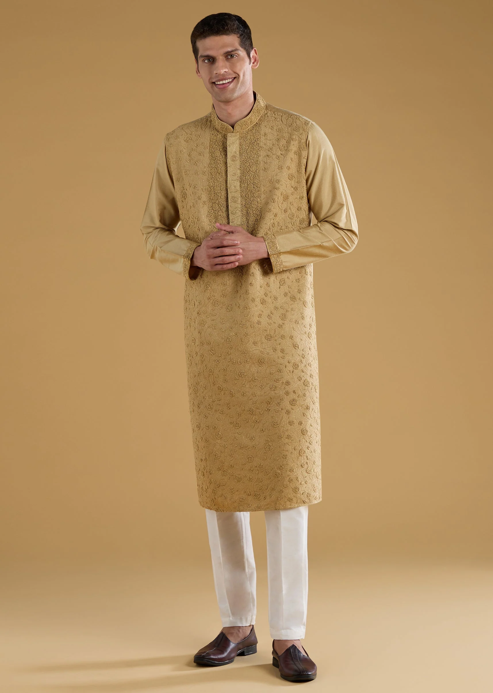 Gold Kashmiri Work Banarasi Silk Mens Kurta Set - Image 4