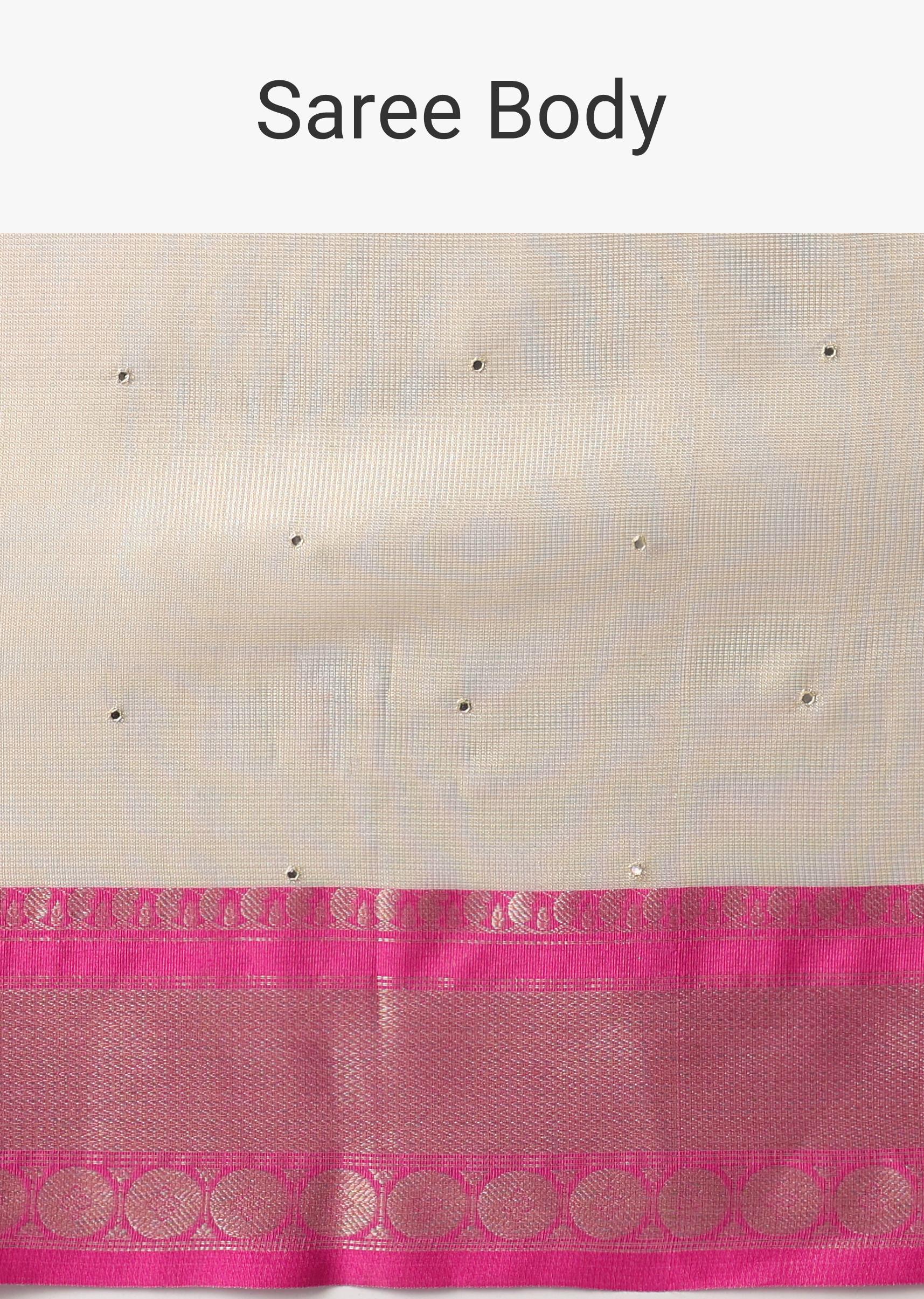 Gold Kota Silk Chanderi Saree With Mirror Detail And Unstitched Blouse Piece - Image 9