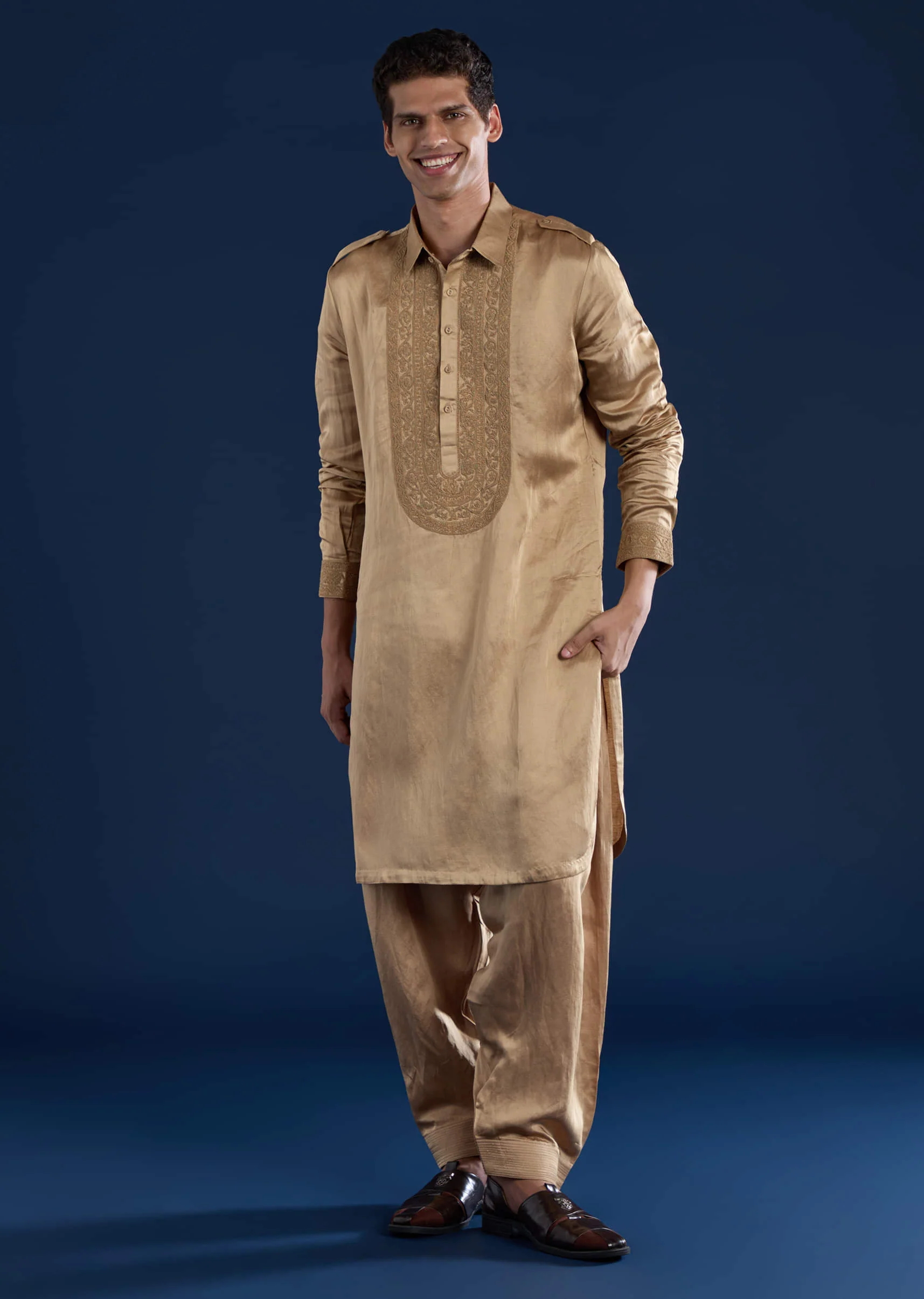 Gold Linen Satin Embroidered Mens Kurta and Pant Set - Image 4