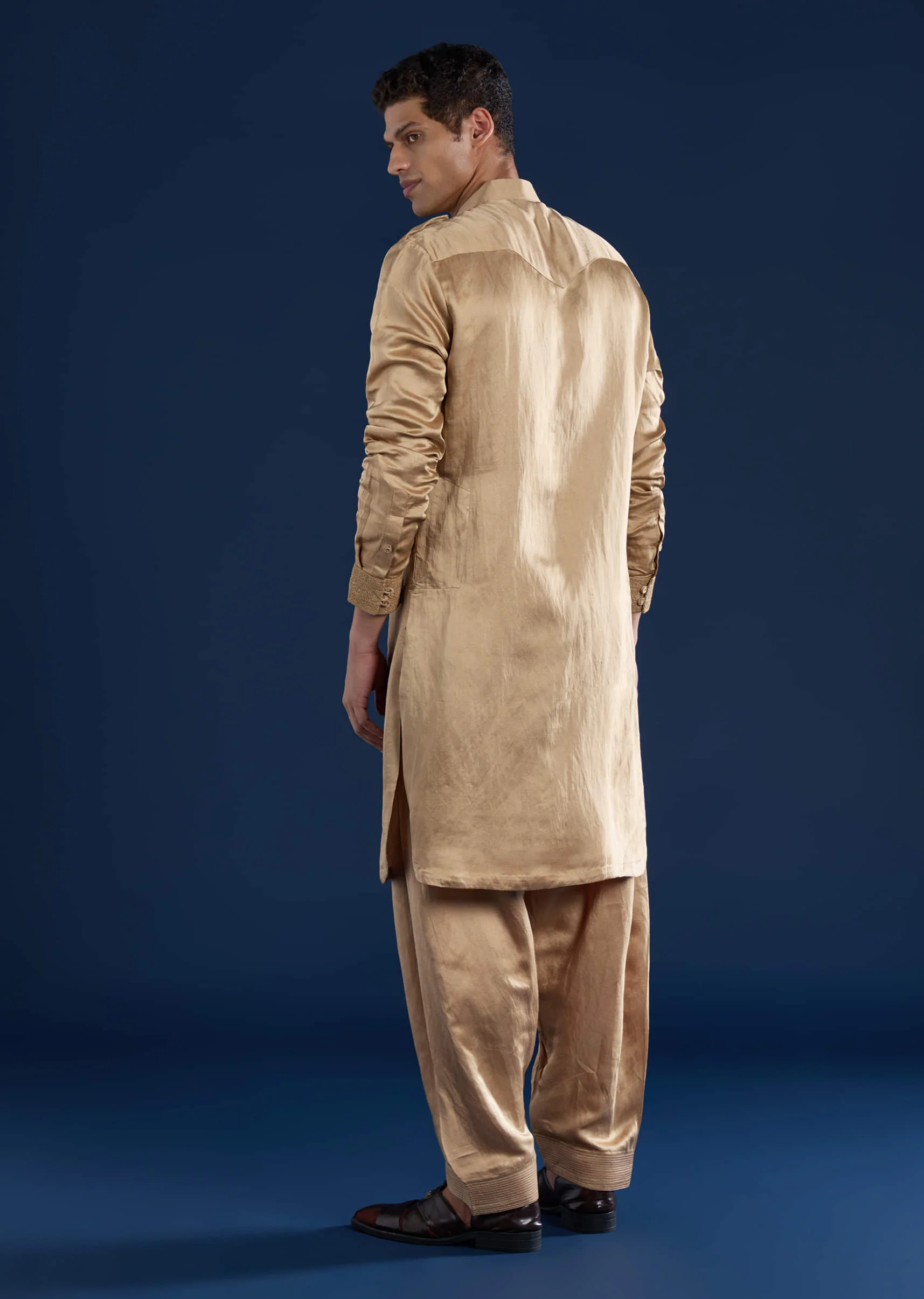 Gold Linen Satin Embroidered Mens Kurta and Pant Set - Image 5