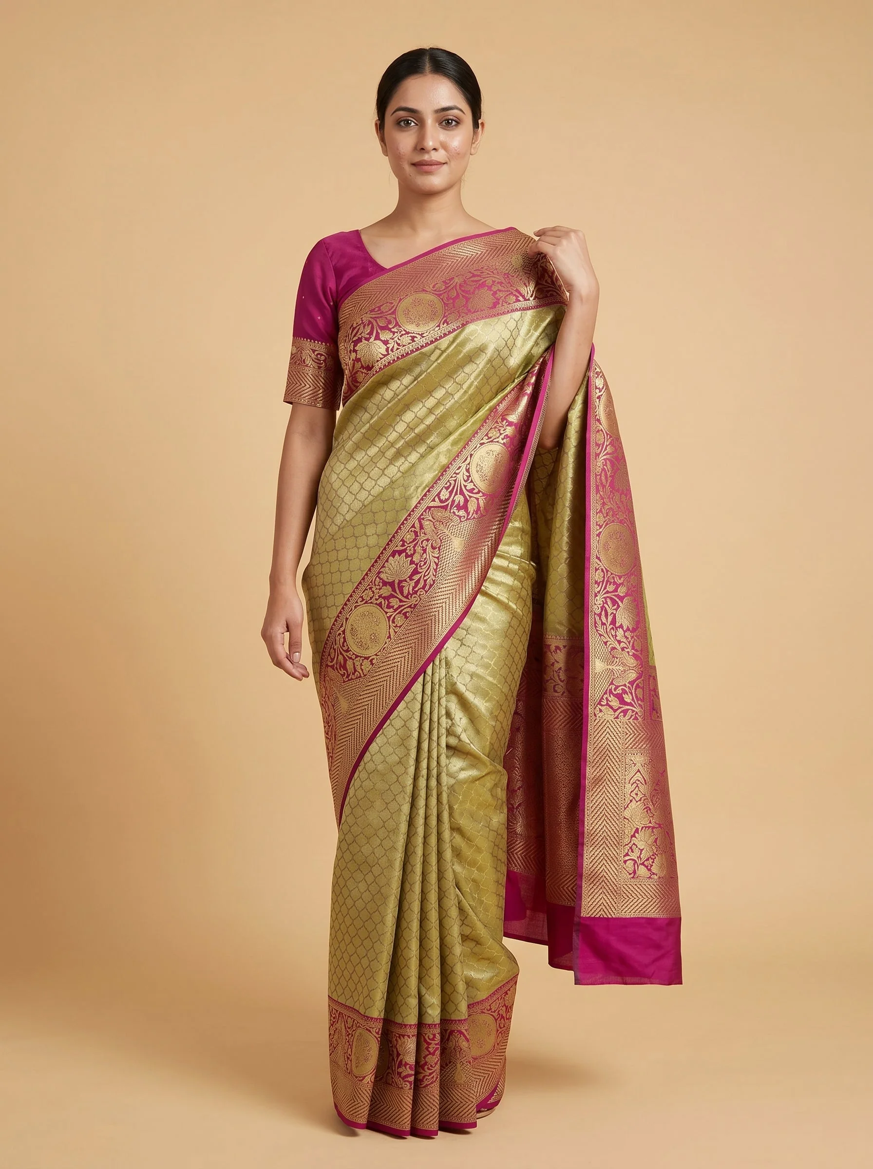 Gold Magenta Sparkle Handloom Saree