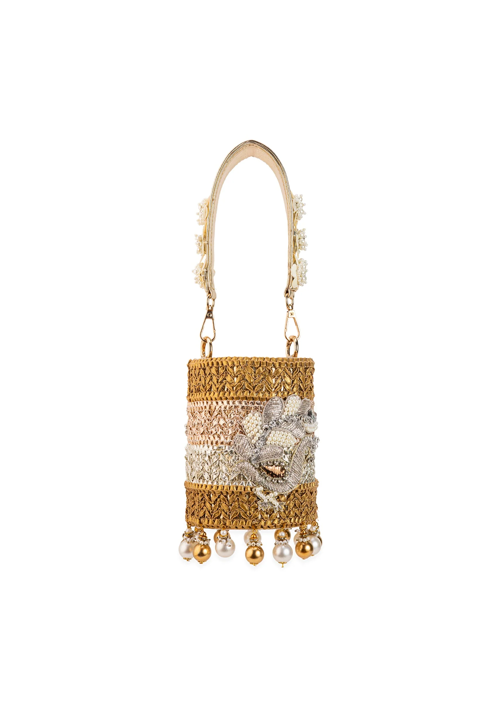 Gold Multi Bead Drop Hand Embroidered Potli Bucket Bag - Image 3