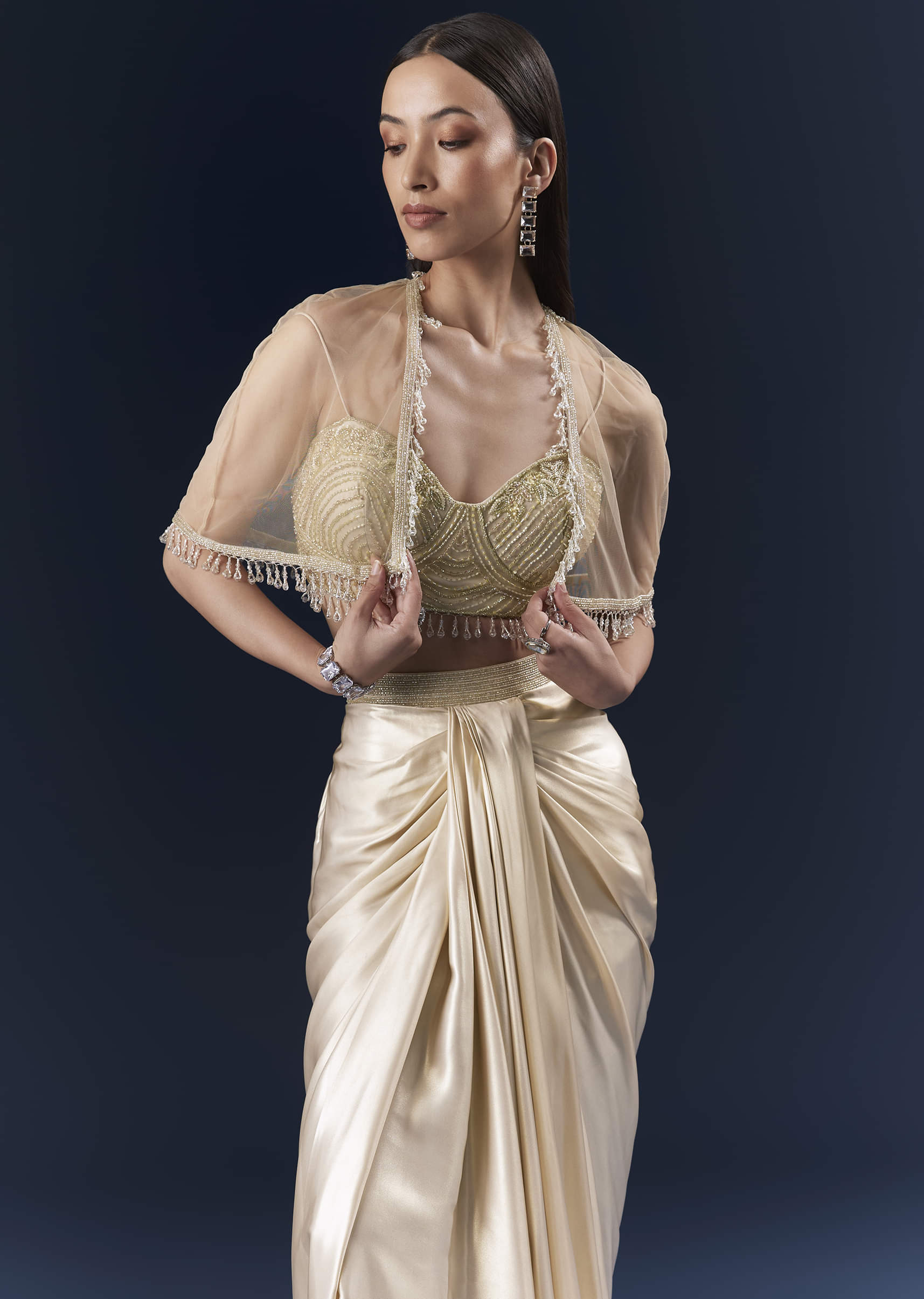 Gold Net Crop Top And Drape Skirt Set With Cutdana And Beads Work - Image 3