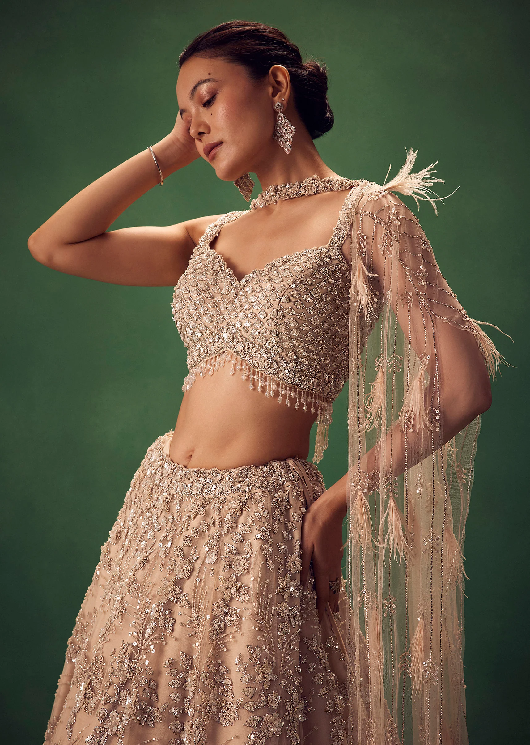 Gold Net Lehenga Set With Choker Dupatta With Feathers - Image 5