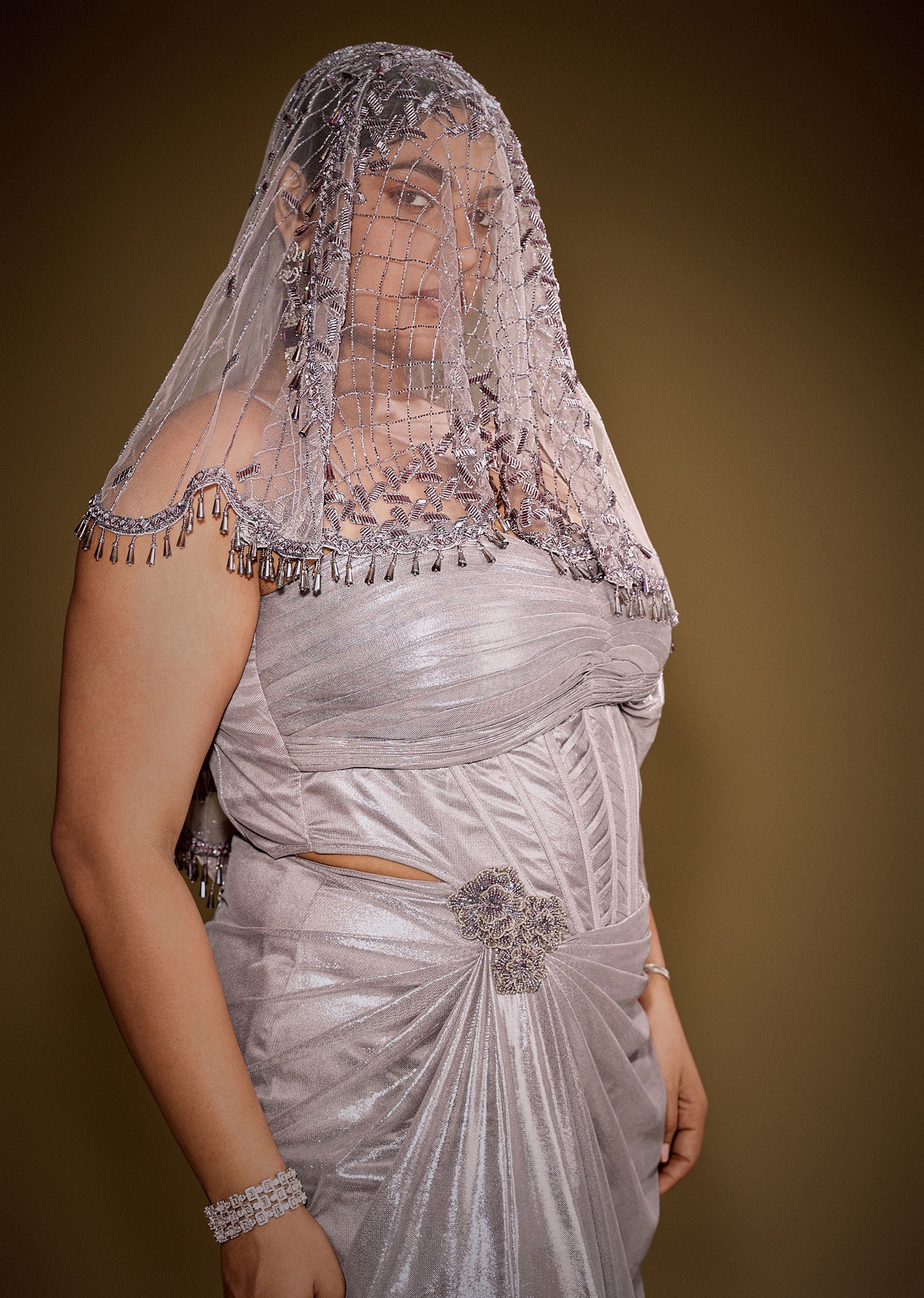Gold One Shoulder Drape Gown With Embroidered Floral Brooch And Trail - Image 4