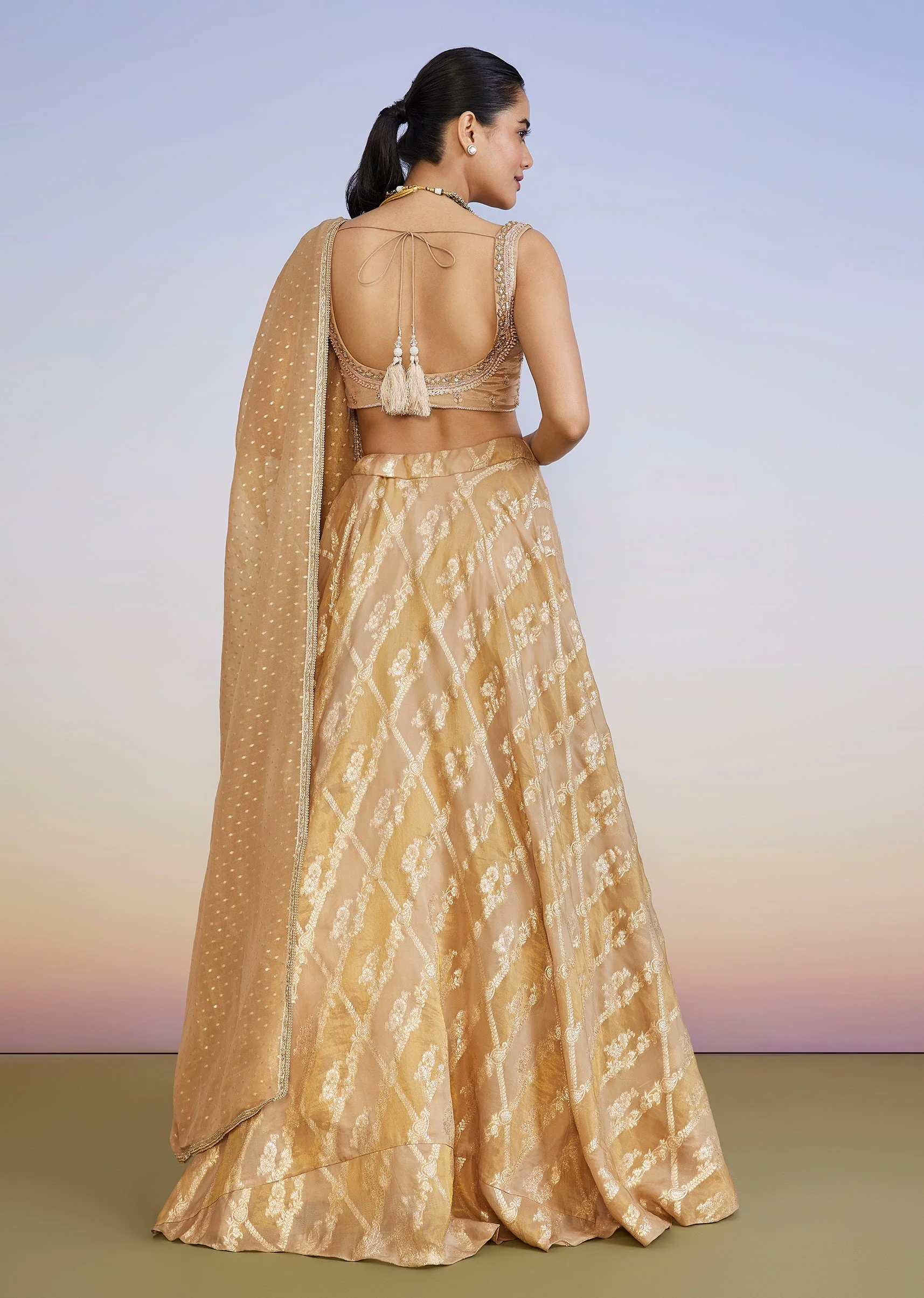 Gold Organza Banarasi Lehenga - Image 2