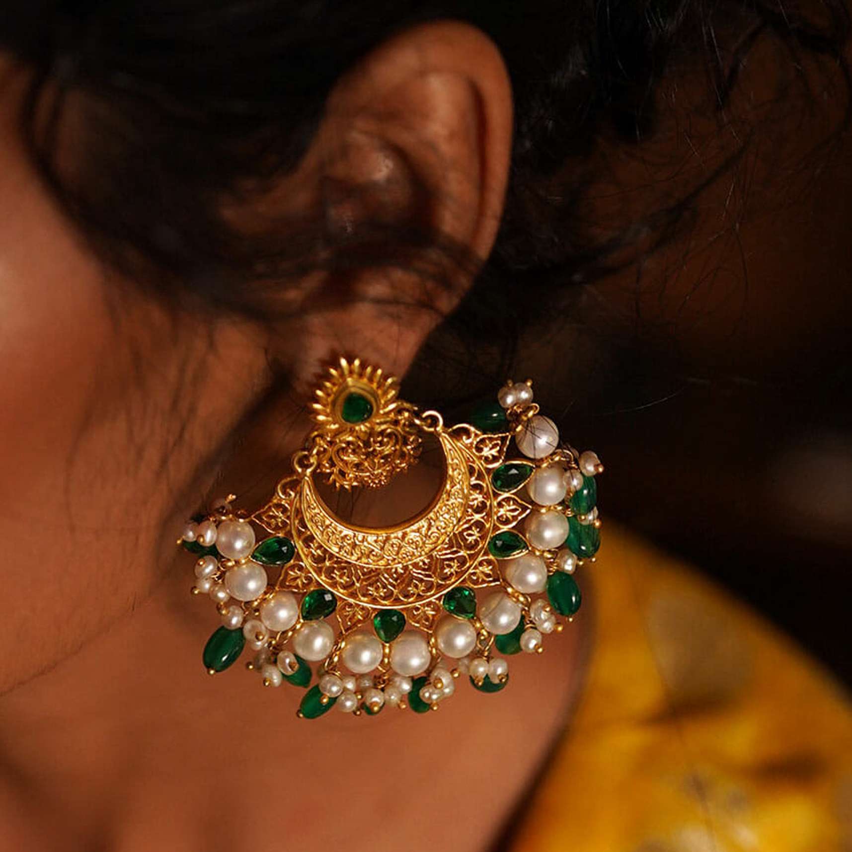 Gold Plated Earrings With Green Cz, Miniature Pearls And Green Onyx Beads By Zariin - Image 2