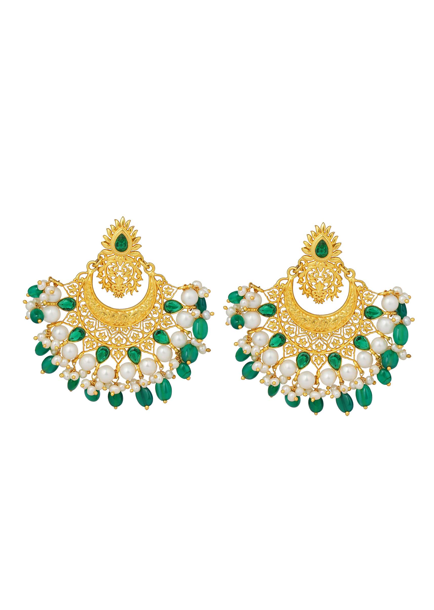 Gold Plated Earrings With Green Cz, Miniature Pearls And Green Onyx Beads By Zariin - Image 3