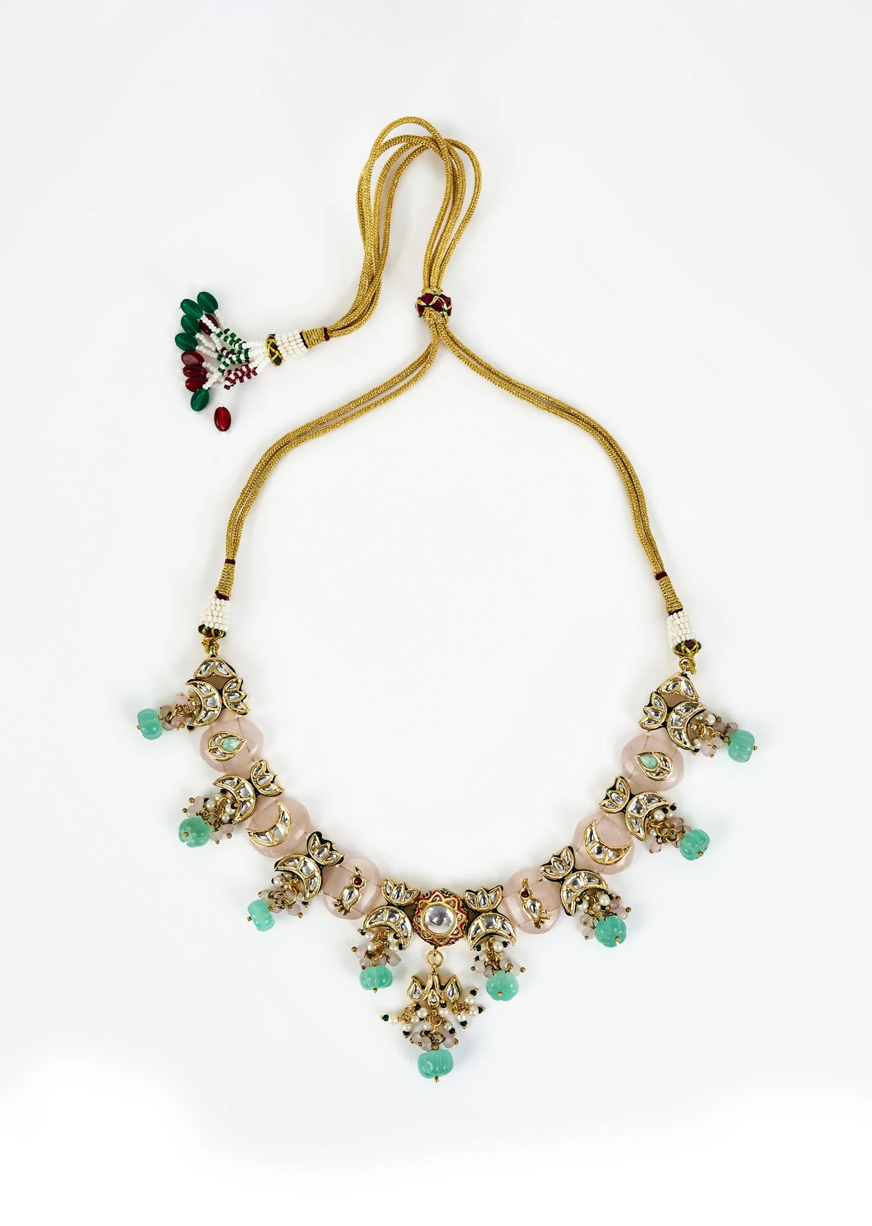 Gold Plated Floral Motif Mint Green Beaded Necklace Set - Image 3