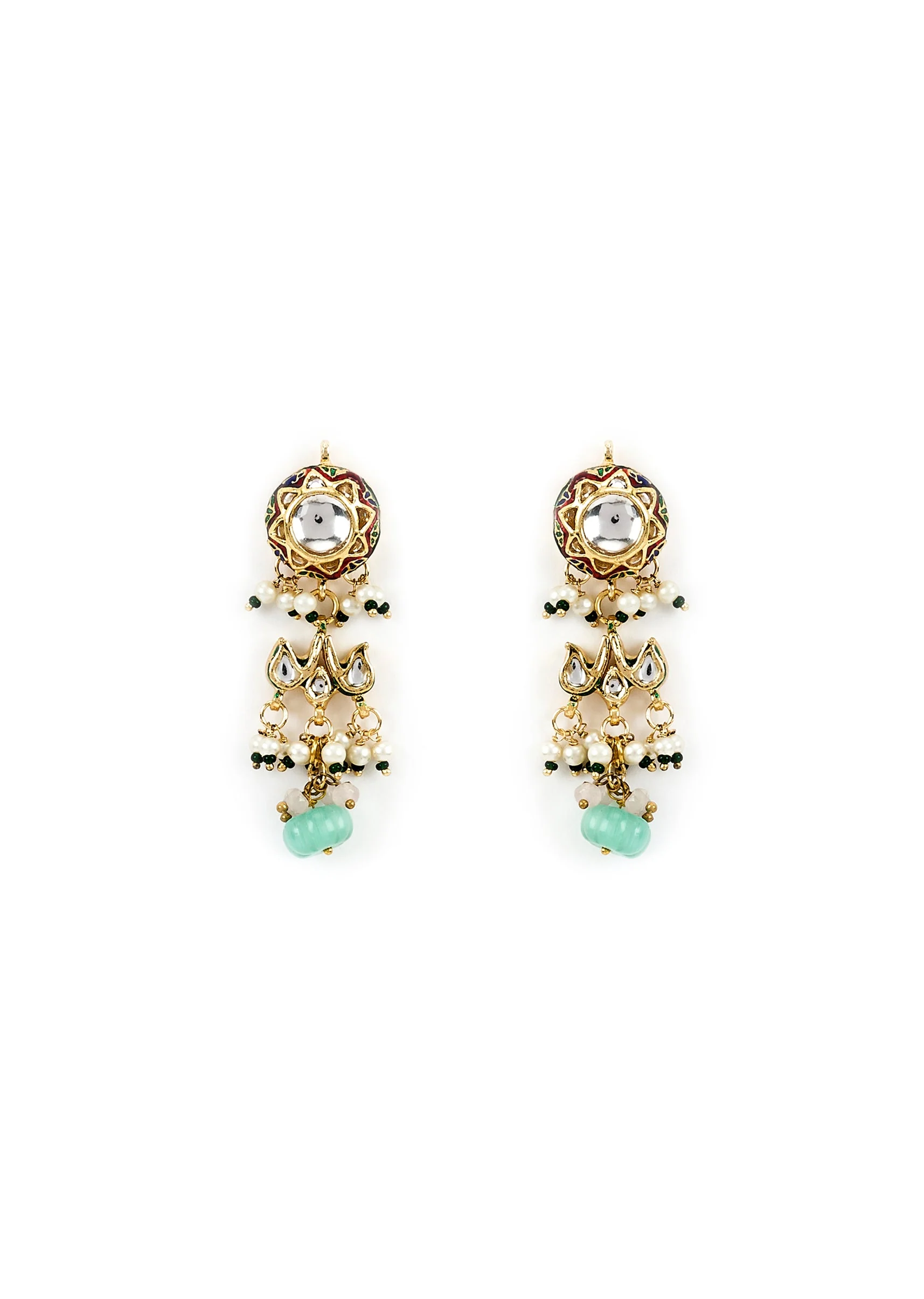 Gold Plated Floral Motif Mint Green Beaded Necklace Set - Image 4