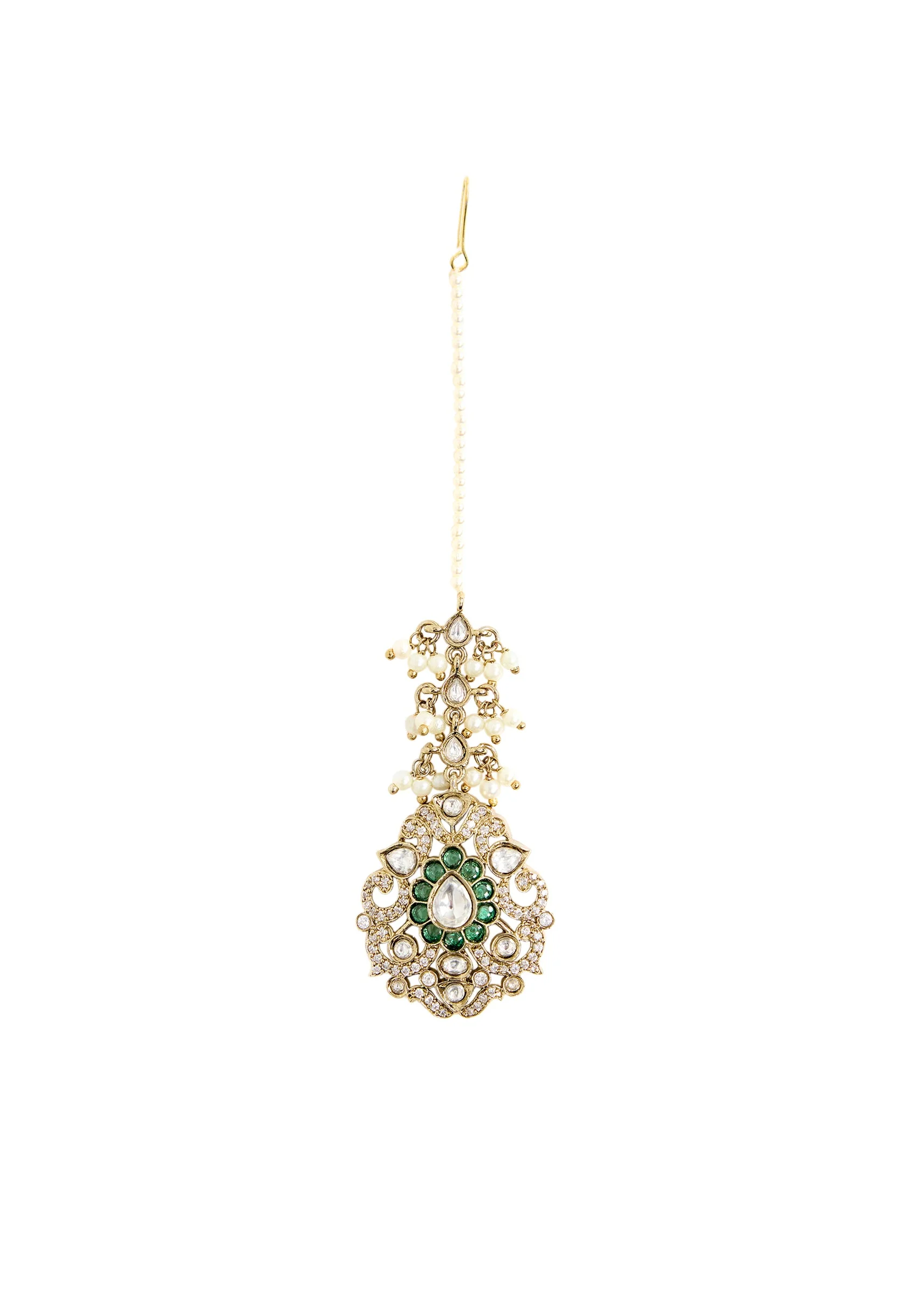 Gold Plated Green And White Stone Long Necklace Set - Image 5