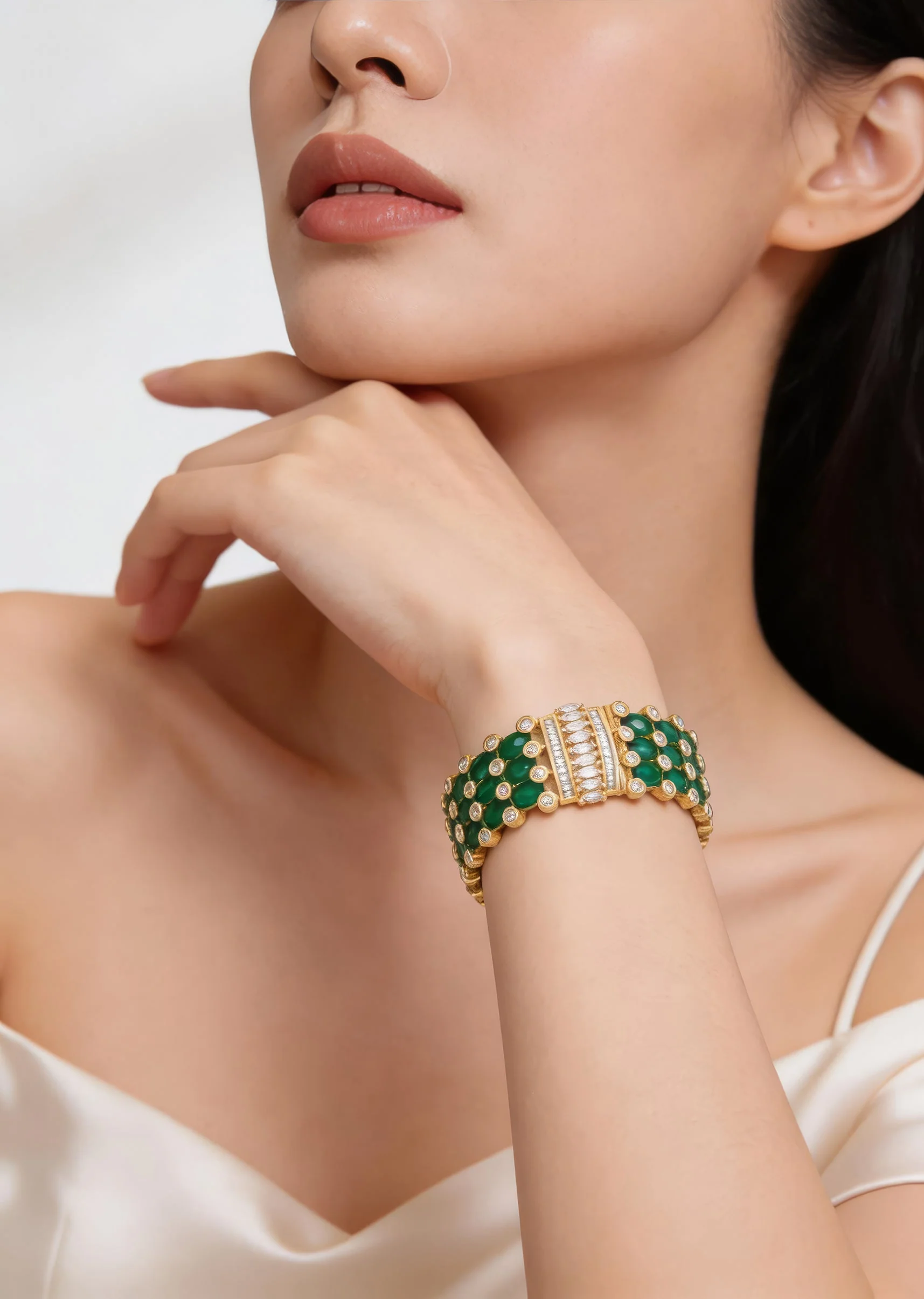 Gold Plated Green And White Stones Kundan Polki bangles