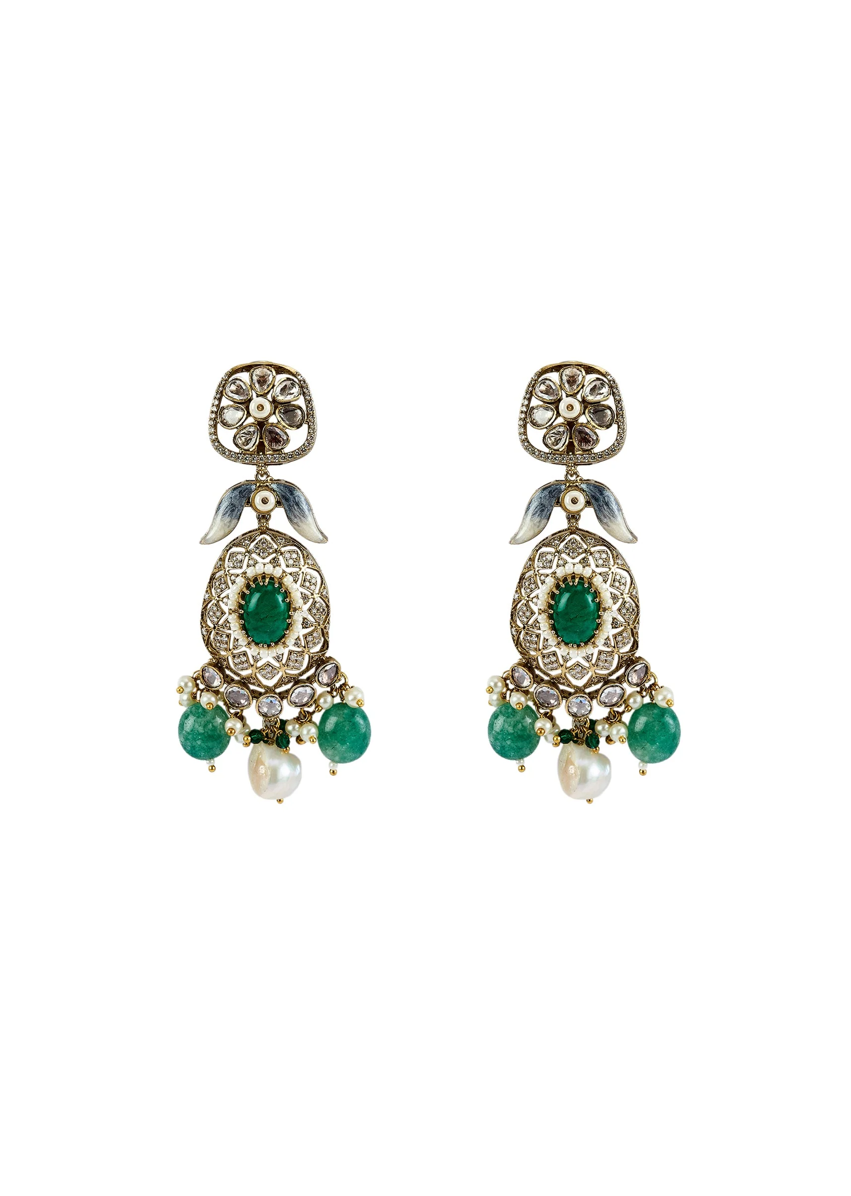 Gold Plated Green Kundan Polki Short Necklace Set With Earrings - Image 4