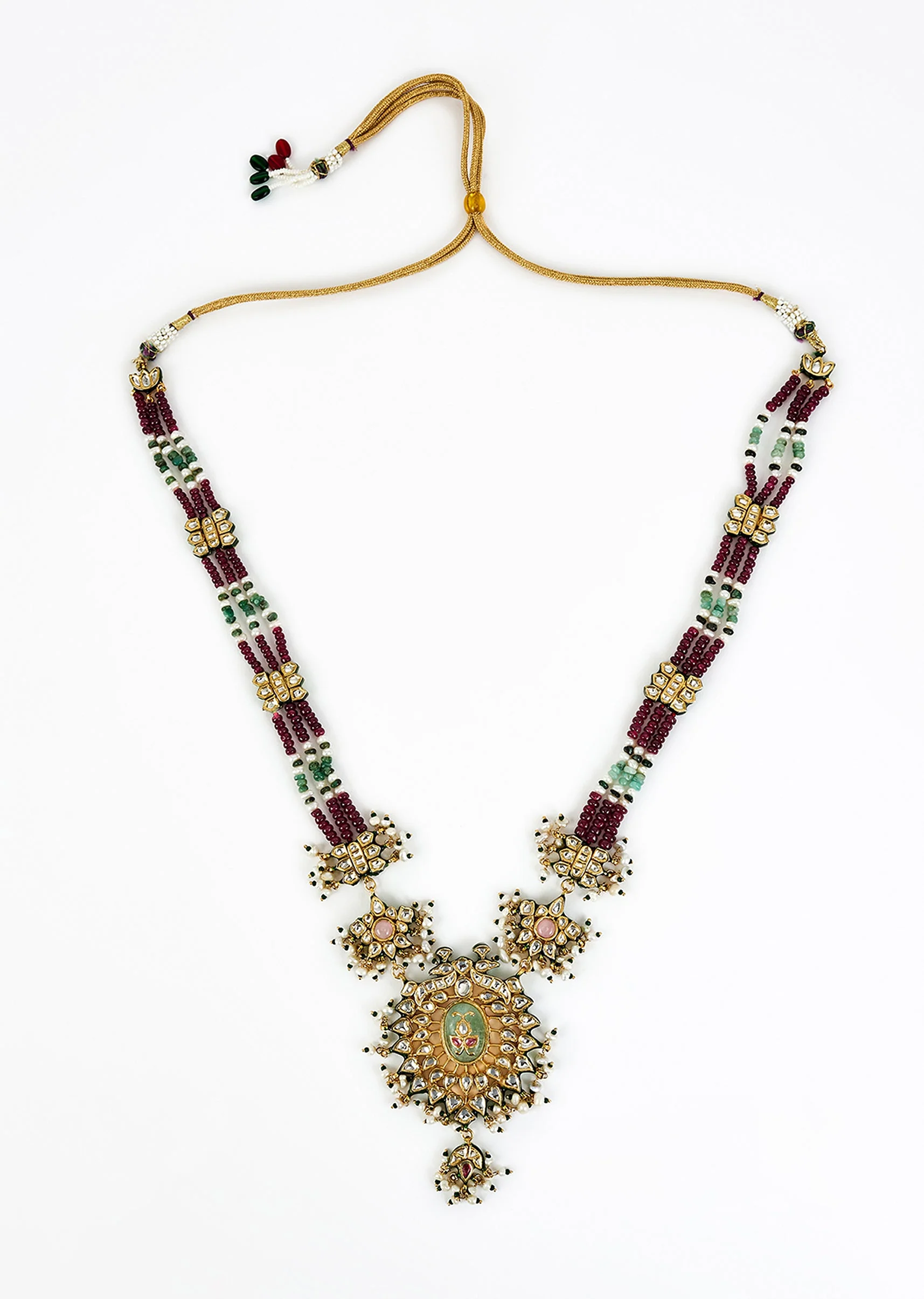 Gold Plated Maroon Beaded Long Necklace Set With Earrings - Image 2