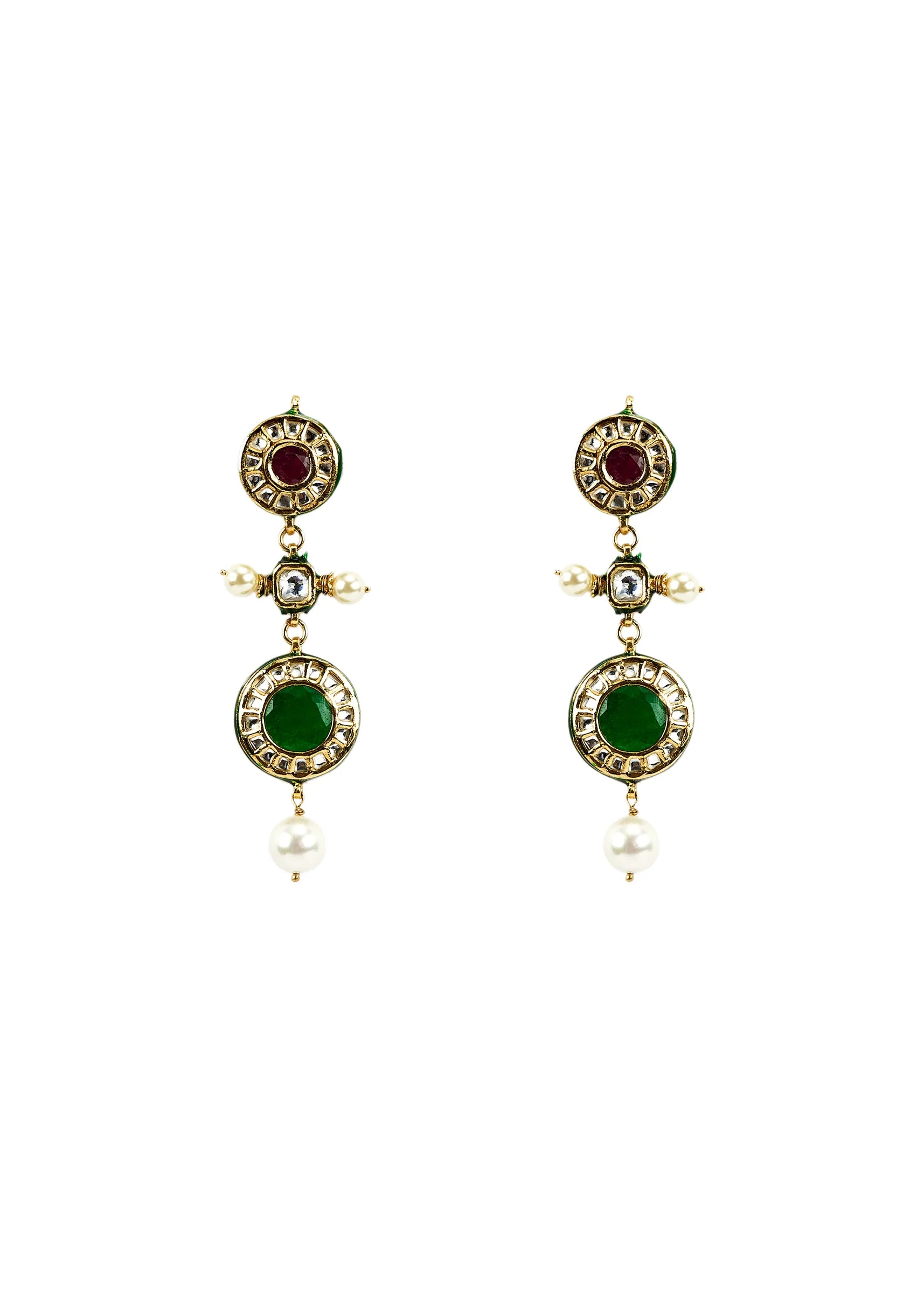 Gold Plated Multicolored Kundan Polki Short Necklace Set With Earrings - Image 4