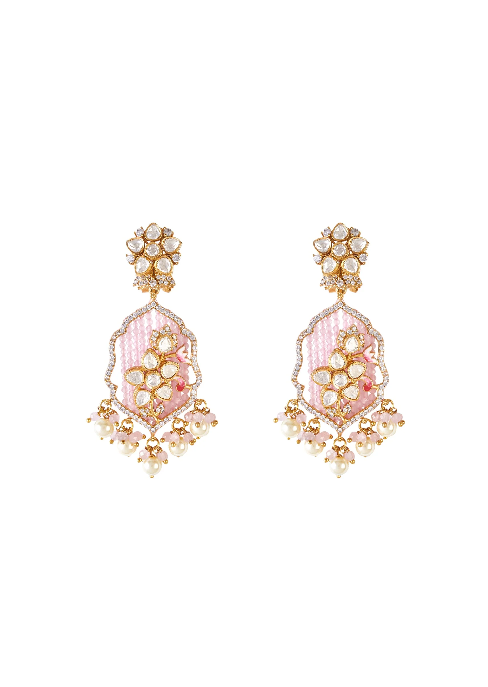 Gold Plated Pink And White Beads Long Necklace Set With Earrings - Image 4