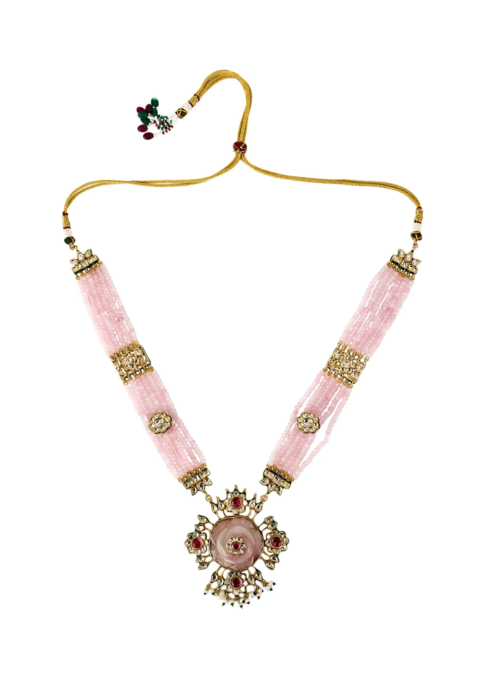 Gold Plated Pink Beaded Long Necklace Set With Earrings - Image 2