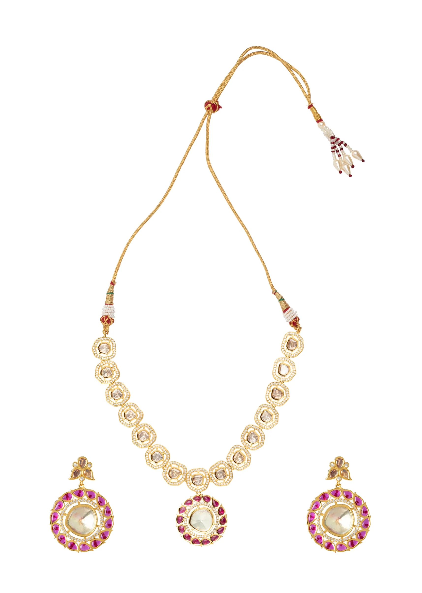 Gold Plated Pink Synthetic Stone Necklace Set With Earrings - Image 2
