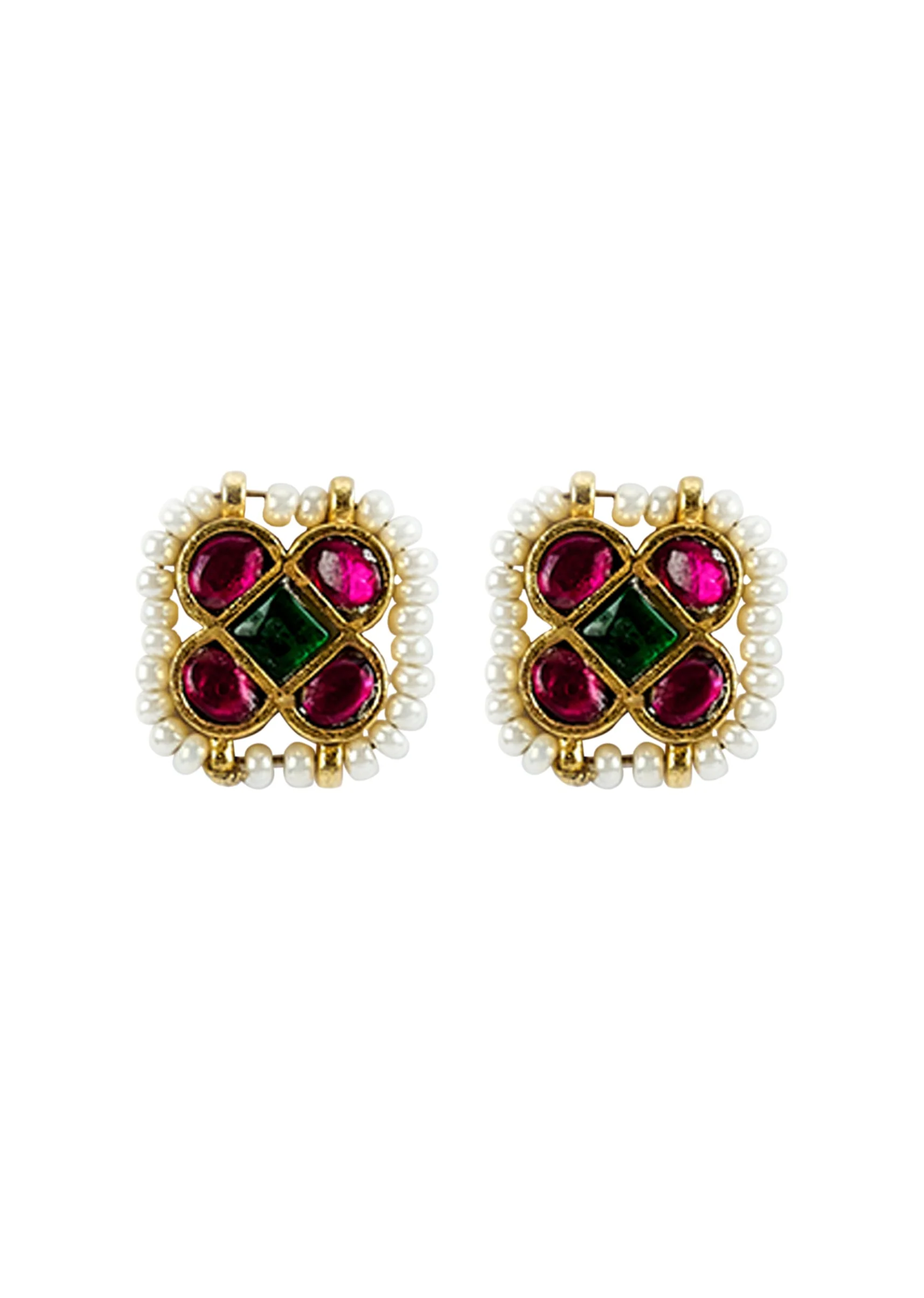 Gold Plated Red And White Kundan Polki Choker Necklace Set With 2 Earrings - Image 4